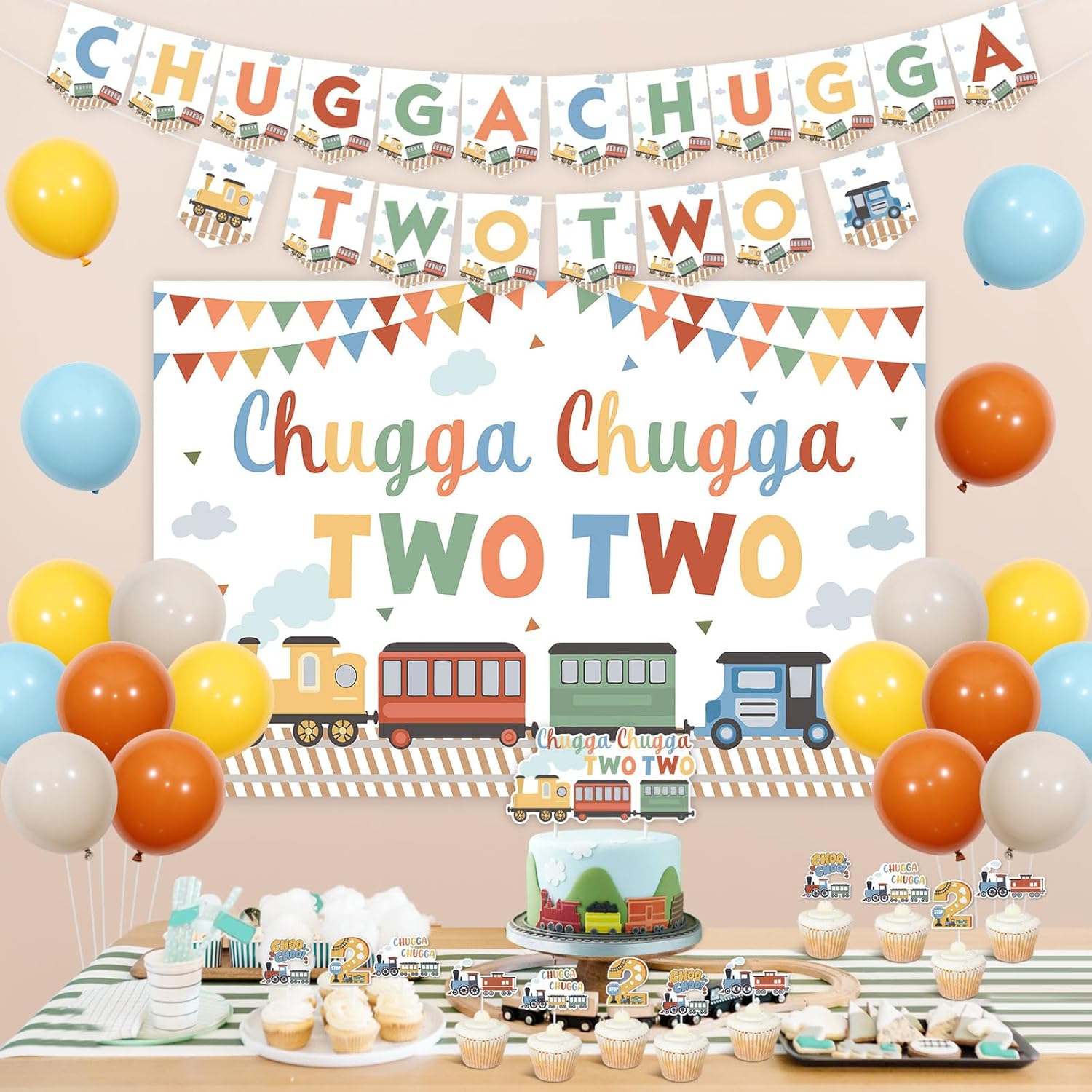 Kreatwow Train 2nd Birthday Party Decorations Chugga Chugga Two Two Backdrop Banner Cake Toppers Railroad Theme Second Birthday Decorations Transportation Theme Two Years Old Party Supplies