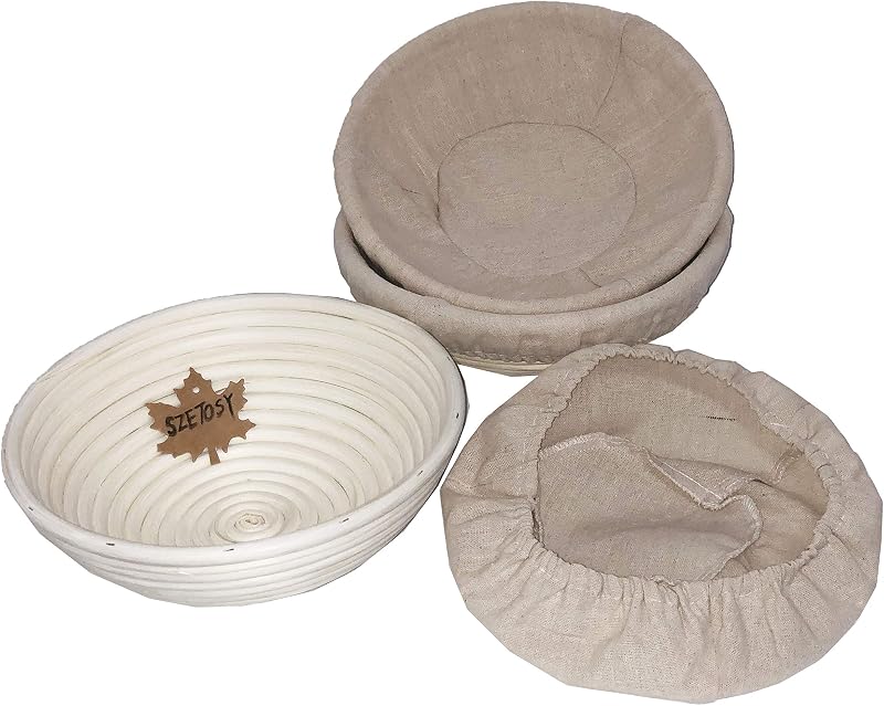 SZETOSY Kenyér Kelesztő Kosár Szett 3 Darabos Természetes Rattan Kovásztészta Kosár 25cm Kerek Pizza Tészta Sütés