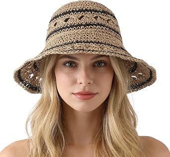 Striped Straw Bucket Hat for Women Wide Brim Crochet Sun Hat UV Protection Foldable Floppy Fishing Cap Travel Straw Hats