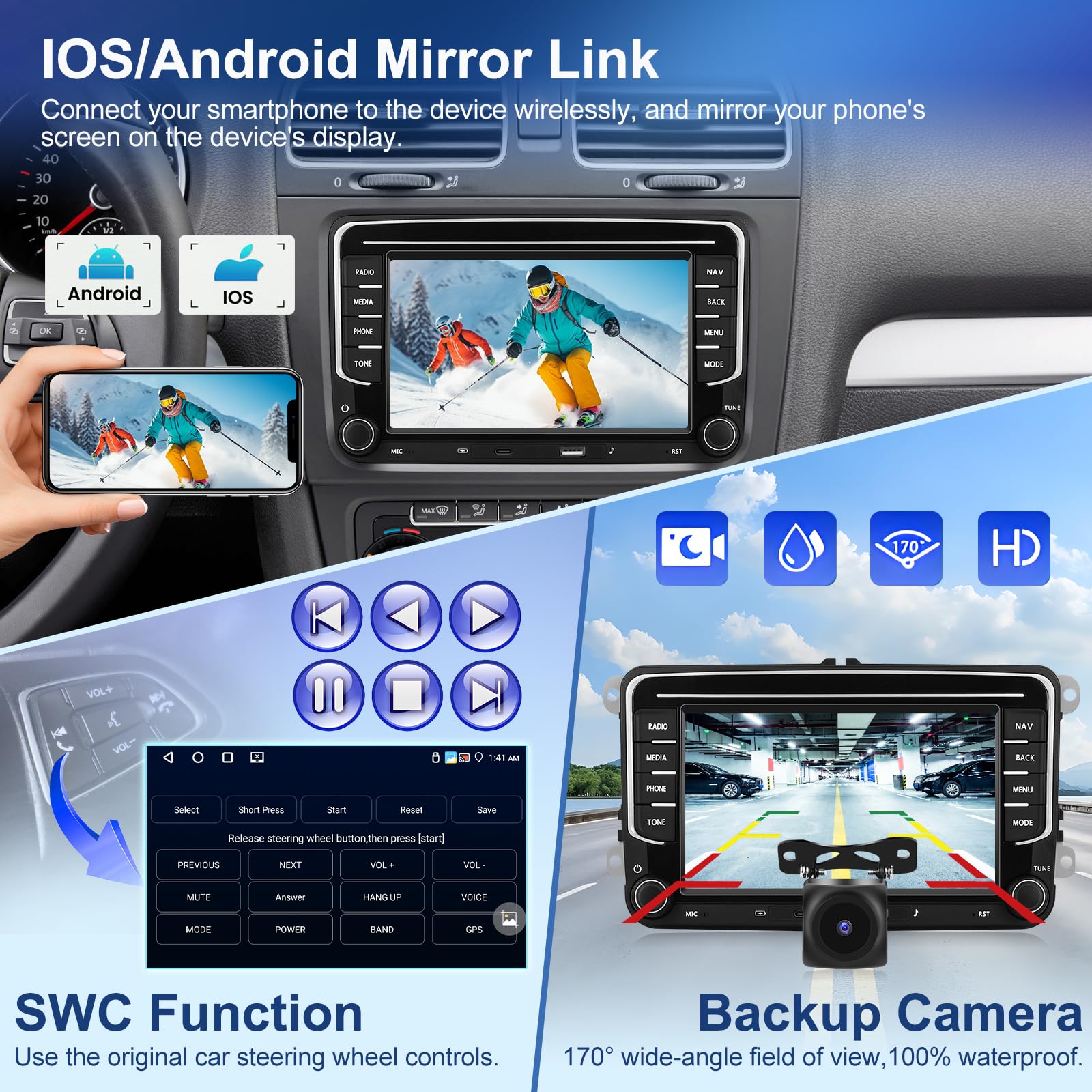 Autoradio Apple CarPlay 4G+64G per VW/Seat/Skoda/Passat/Golf/Polo, CarPlay Wireless e Android Auto, Touch Screen HD da 7", 2 DIN, Bluetooth, GPS/SWC/FM/RDS/USB, Telecamera per la retromarcia AHD, Mic