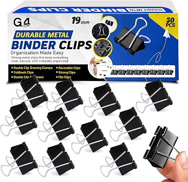 G4GADGET Binder Clips 19mm Black, 50 Pack Small Foldback/Bulldog Paper Clips, Strong Metal Binder Clip Set for Office School Home Filing & Organising
