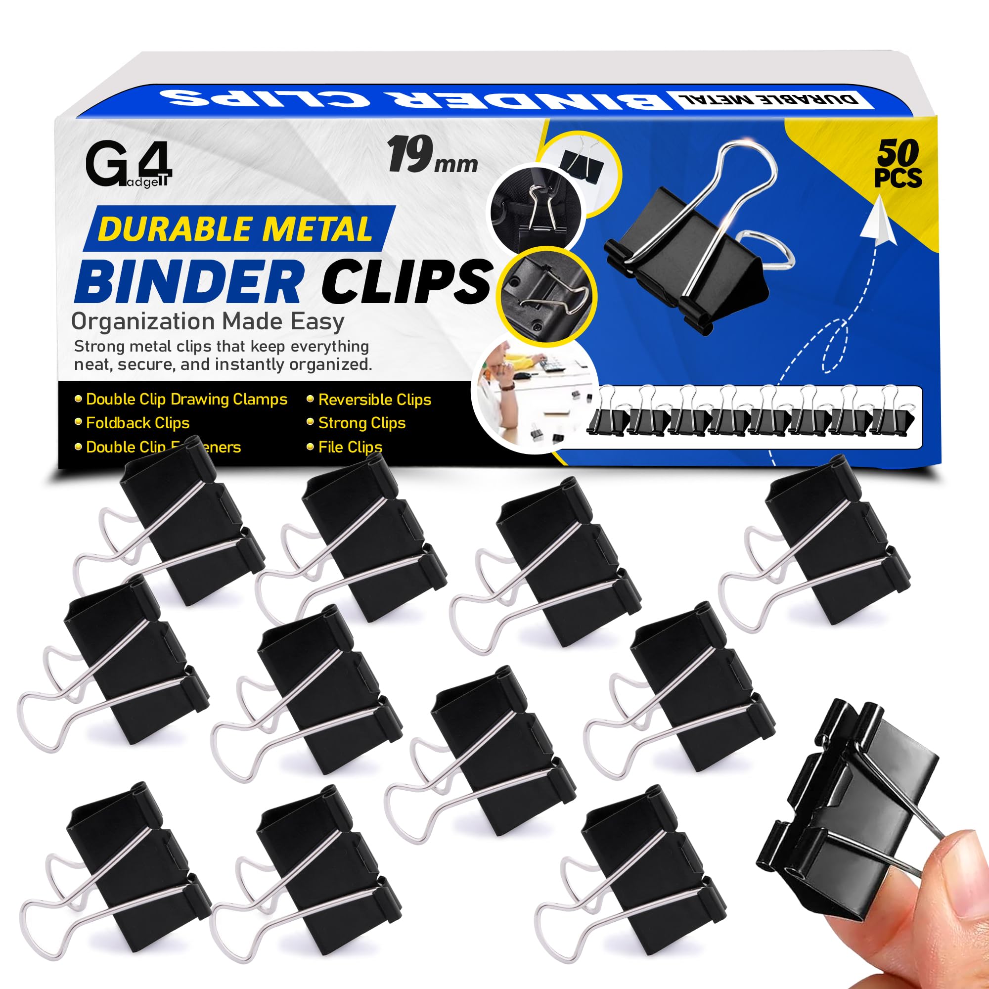 G4GADGET Binder Clips 19mm Black, 50 Pack Small Foldback/Bulldog Paper Clips, Strong Metal Binder Clip Set for Office School Home Filing & Organising