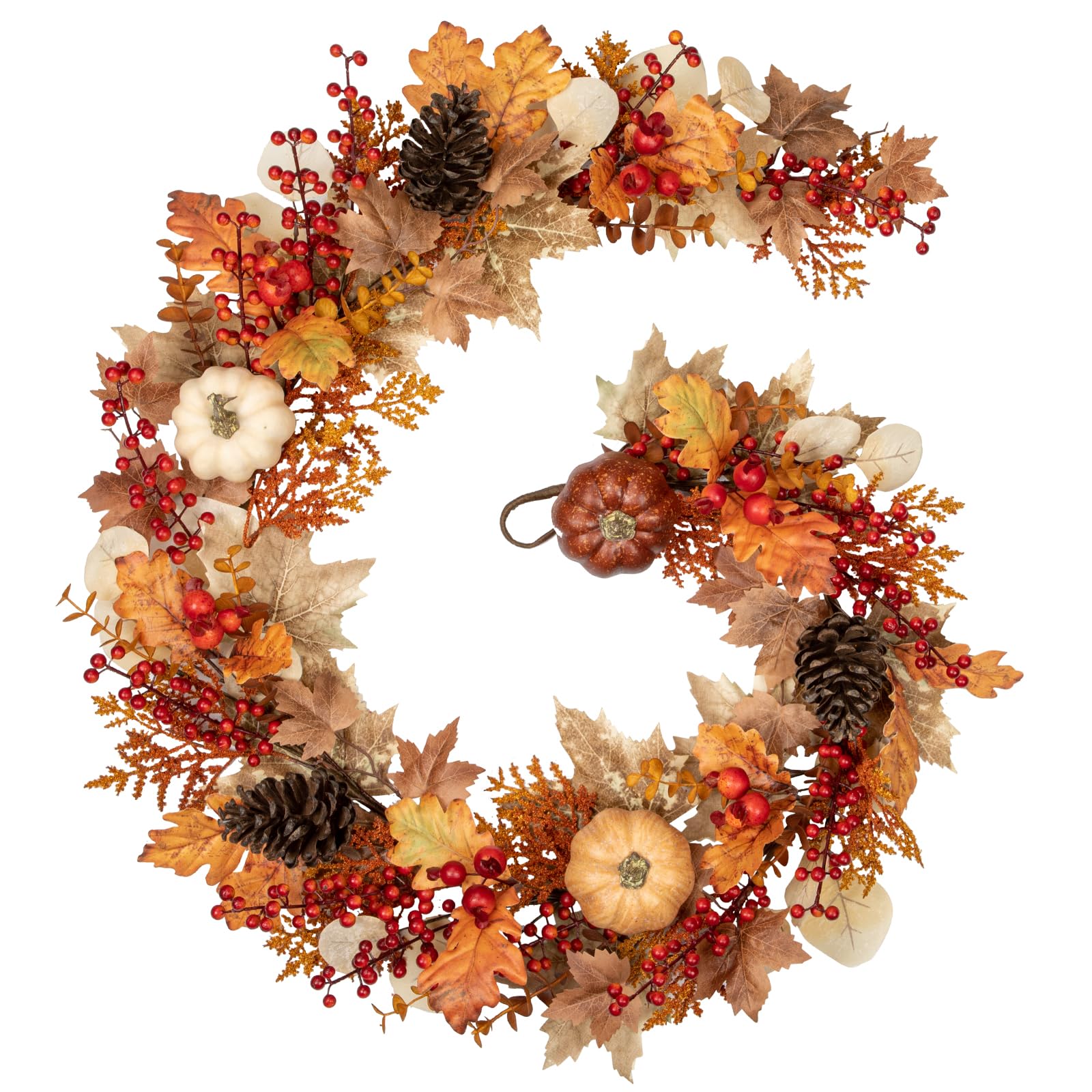 Hollyone 6FT Pumpkin Garland for Autumn Decorations, Lush Maple Leaves Garland with Berries, Eucalyptus, Pumpkins, Pine Cones, Artificial Fall Decor for Thanksgiving, Table, Harvest, Wedding (180CM)