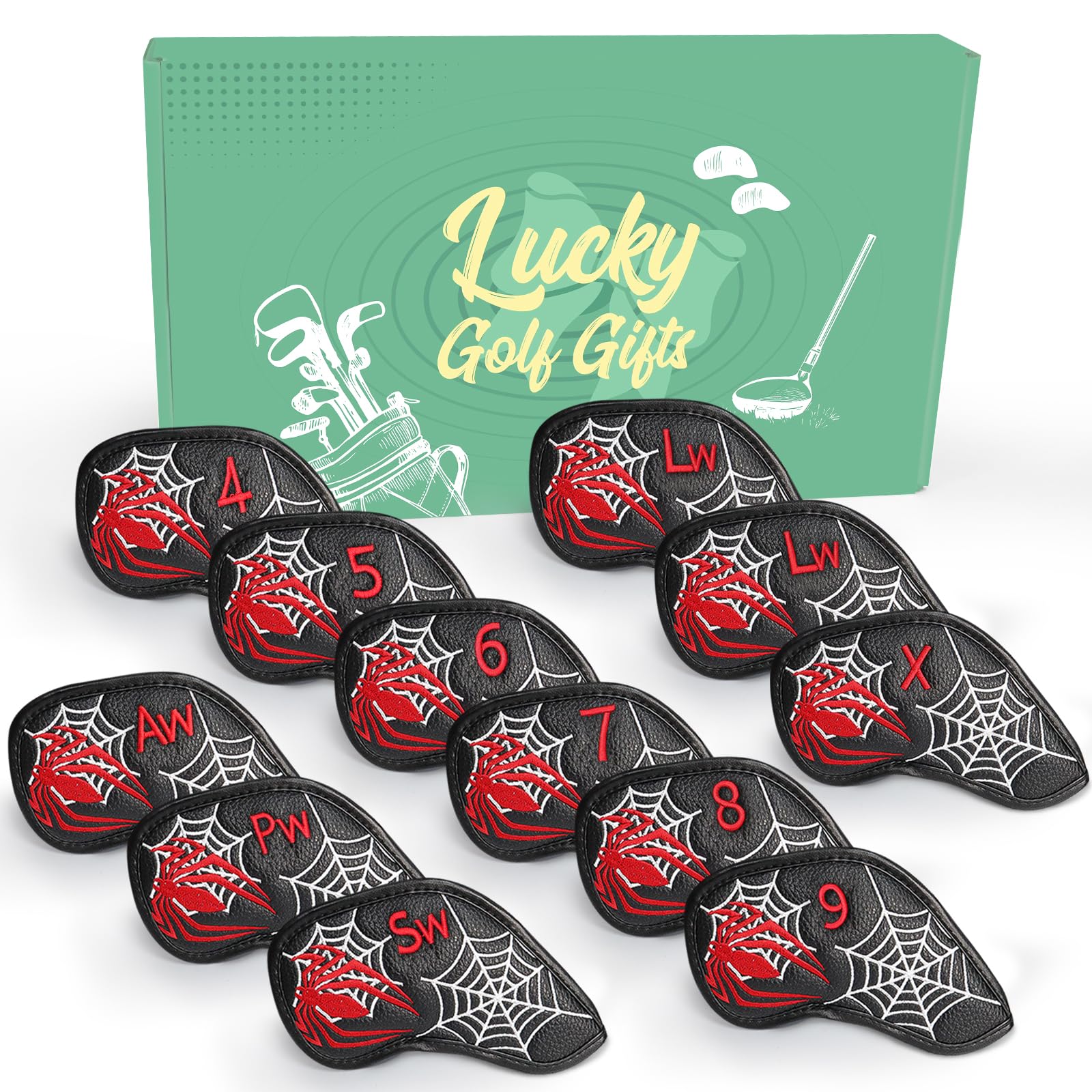 Golf Headcover pokrowiec na rakietę, żelazny pokrowiec na głowę ze sztucznej skóry, zestaw 12 czerwonych, niebieskich i czarnych, dla mężczyzn i kobiet