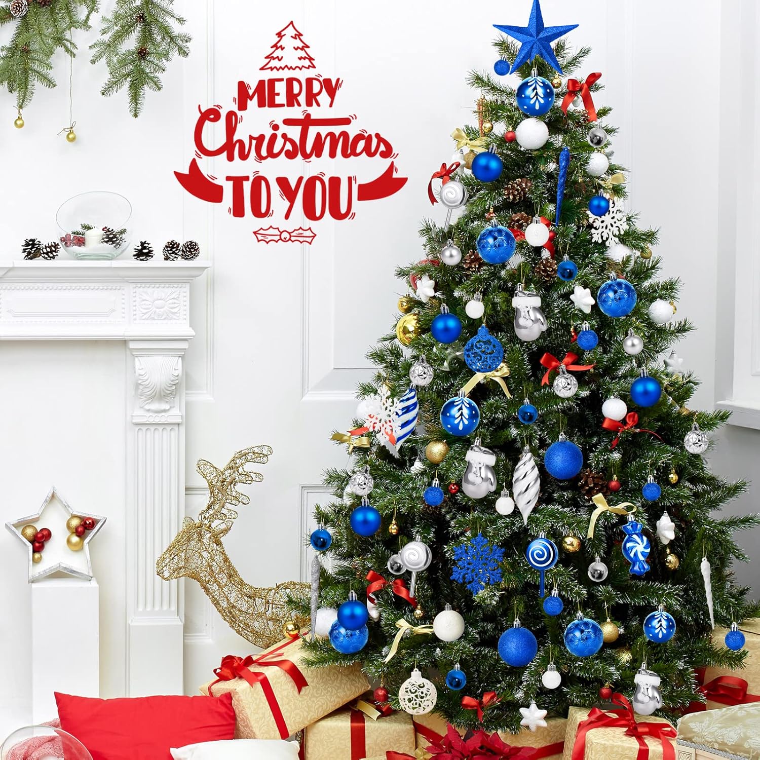 130 Pcs Christmas Tree Ornaments Set Assorted Hanging Ornaments Ball Set with Hanging Loop for Xmas Holiday Party Wreath Xmas Tree Decor (Blue Silver White)