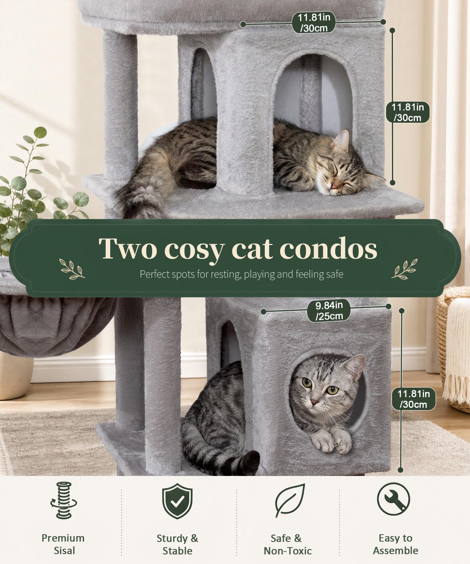 Albero per gatti da interno resistente, 172 cm, torre per gatti grandi con tiragraffi in sisal e posatoio superiore, grande piattaforma per gatti adulti, PMT02GY, grigio