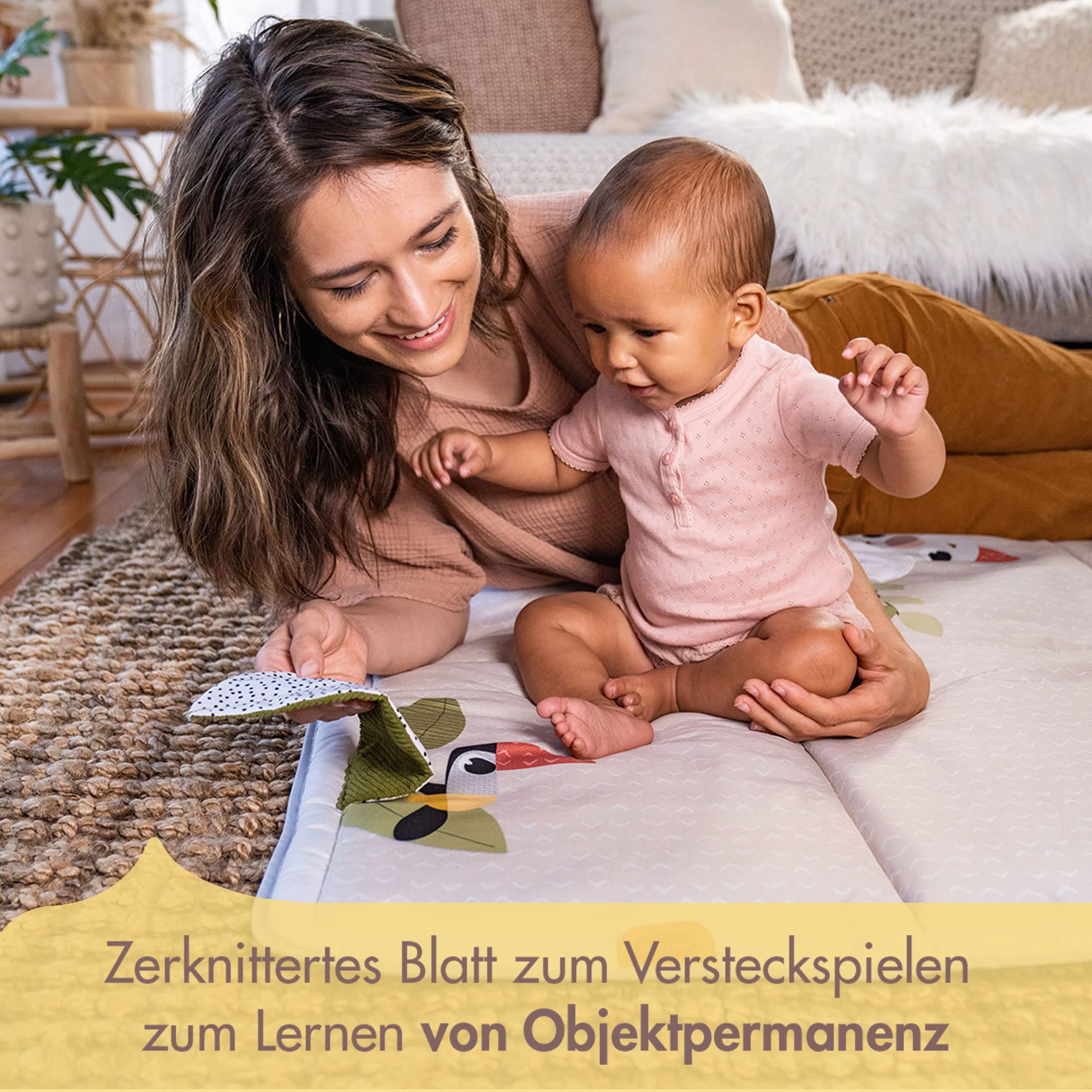 Tiny Love Super Mat, Spielmatte Baby, faltbare Spieldecke (150 x 100 cm), 0+ Monate, 6 Aktivitäten, Krabbeldecke Baby, Spiegel, Holzrassel, Knisterspielzeug, 12 Meilensteinkarten, Boho Chic