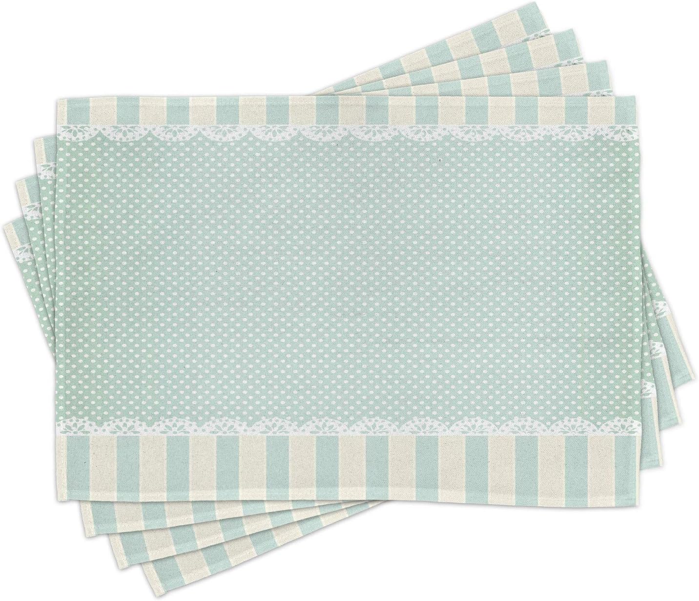 Ambesonne Shabby Flora Place Mats Set of 4, Traditional Old Fashioned Vertical Stripes Ornaments and Dots, Washable Fabric Placemats for Dining Room Kitchen Table Decor, Almond Green Cream White