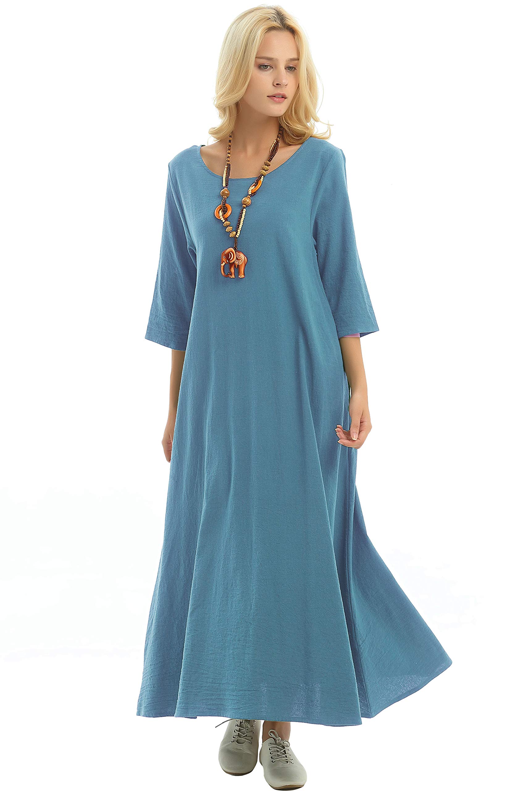 Anysize Three Quarter Sleeves Linen Cotton Spring Summer Plus Size Dress Plus Size Clothing F140A