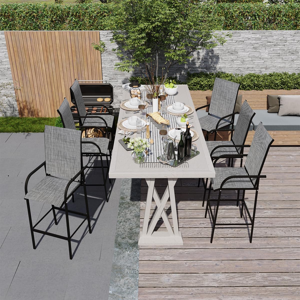 Sundale Outdoor Metal Bar Stool Set of 2, Counter Height Patio Pub Chair with Back, Quick Dry Breathable Sling Tall Barstool for Deck Balcony, Steel - Gray