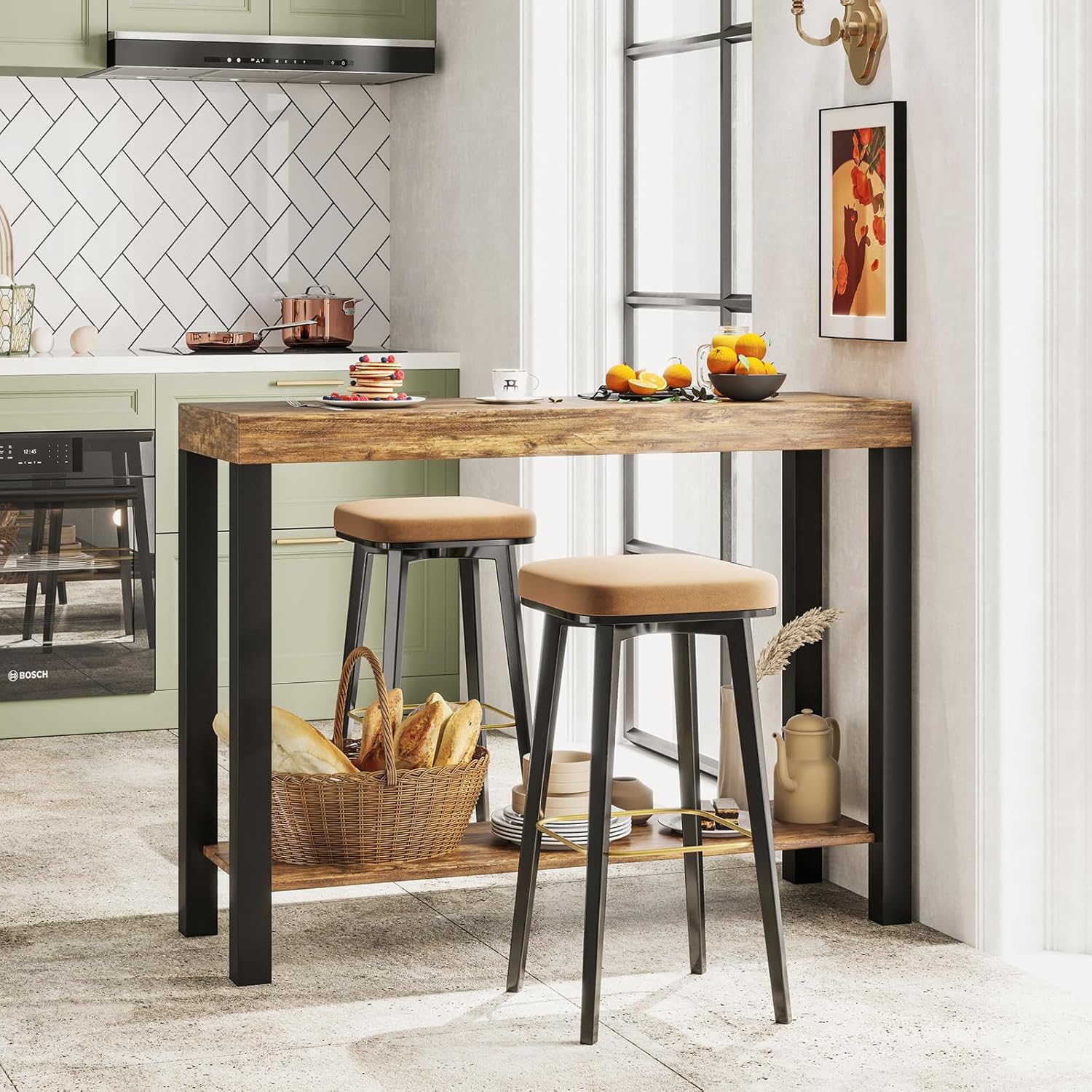 Giantex 48-Inch Bar Table, Narrow Pub Table with Counter Height, Open Shelves, Solid Wood Frame, Sofa Side Table, Rectangular High Top Dining Table for Kitchen, Living Room, Bistro, Rustic Brown