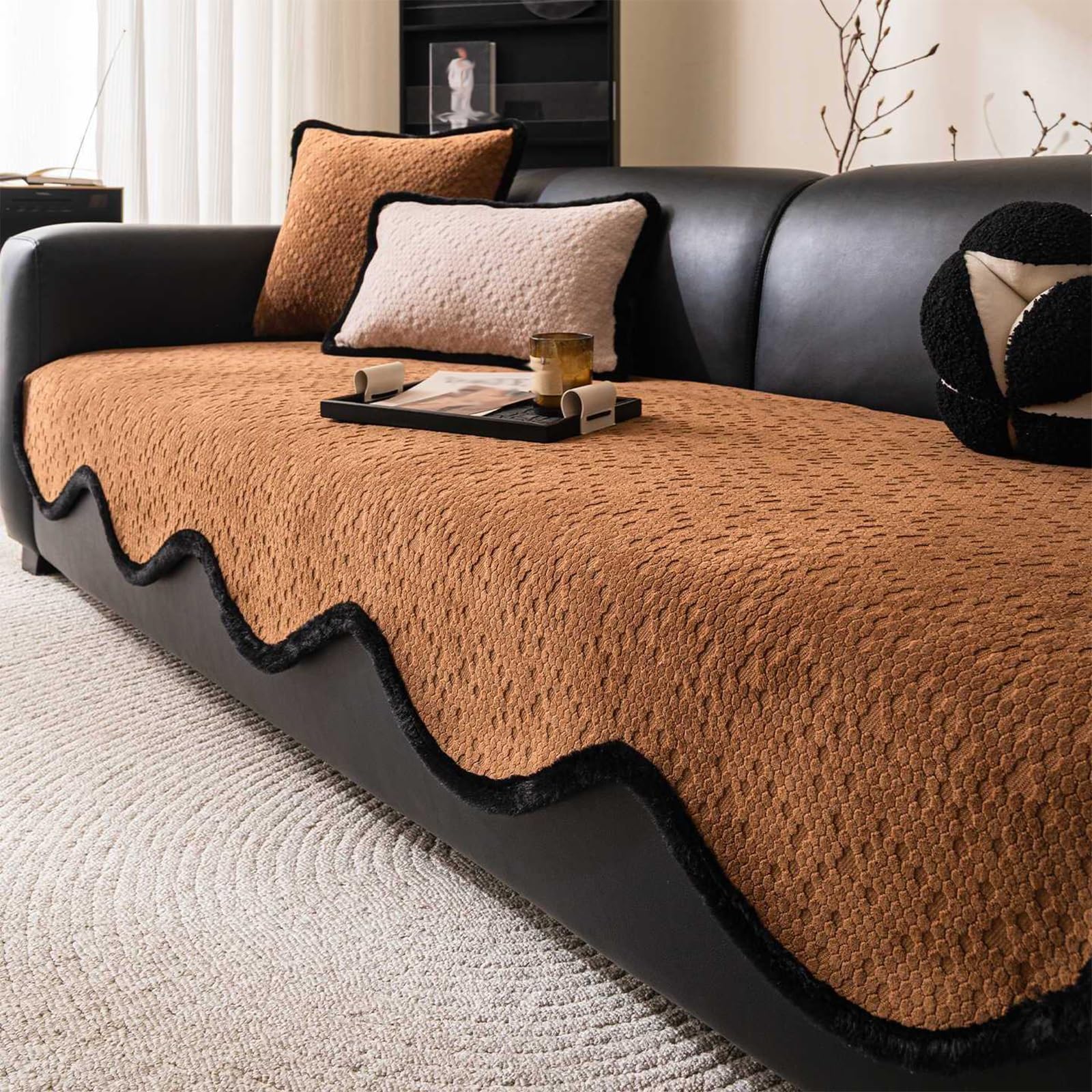 Housse de canapé chenille antidérapante et imperméable marron pour grand canapé
