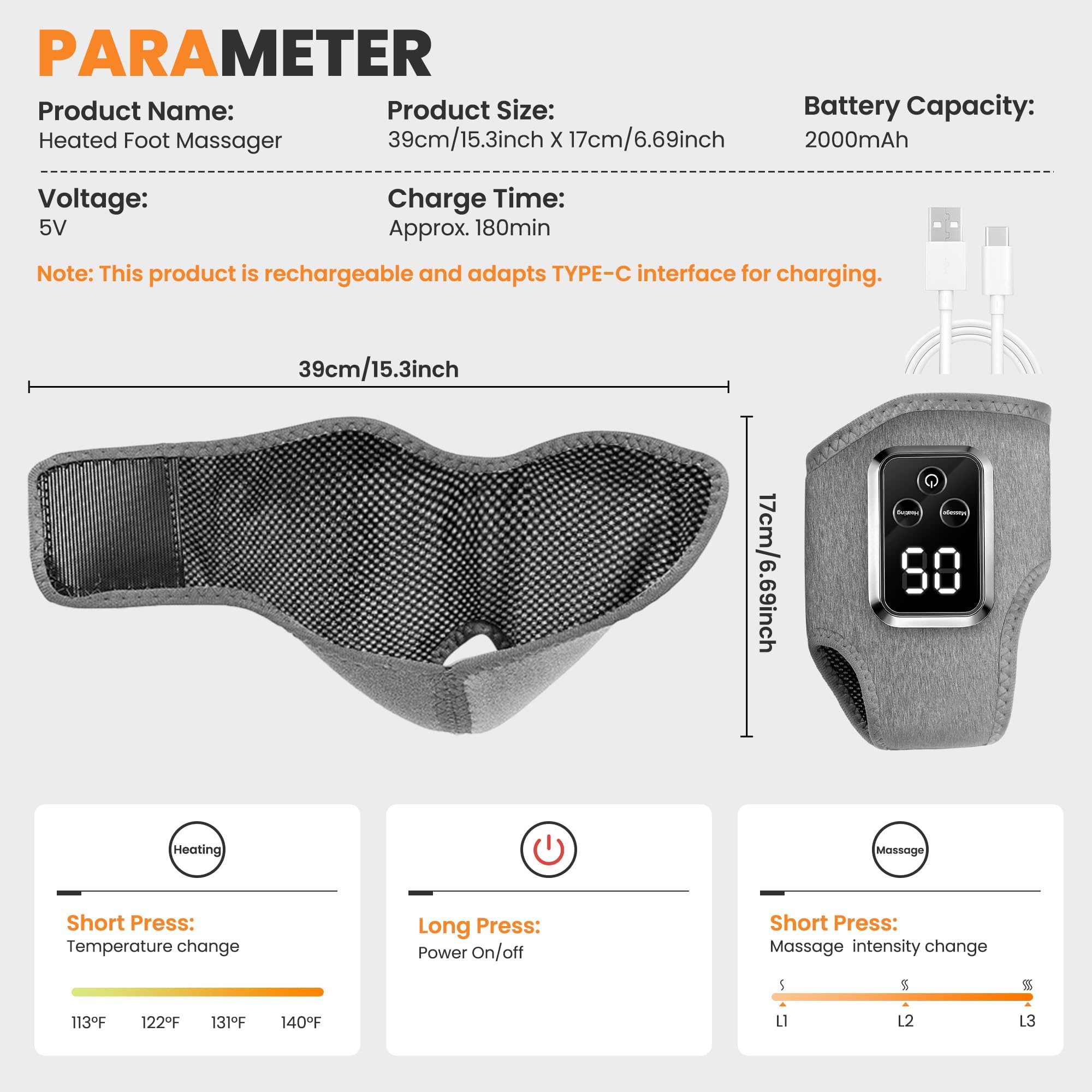 Masajeador de pies eléctrico 3 en 1 con 3 niveles de calor y masaje, ajustable, portátil, inalámbrico, para dolor y circulación