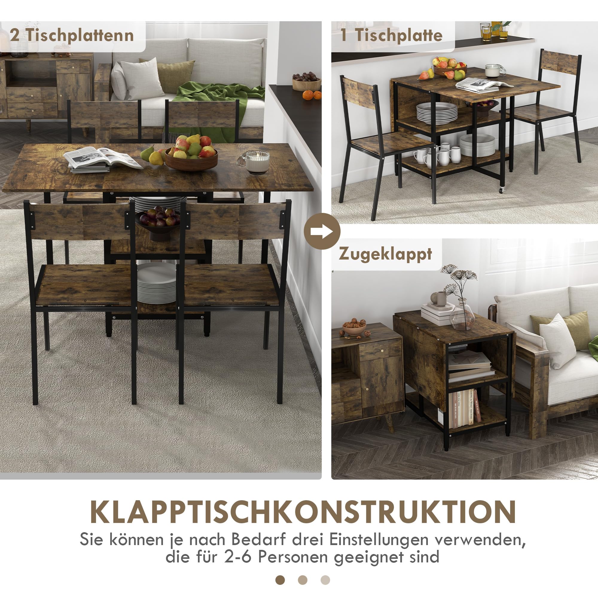 Stół do jadalni, składany kuchenny z 2 półkami, 140 x 80 cm, rolkami, dla 2-6 osób, stalowy, rustykalny brązowy