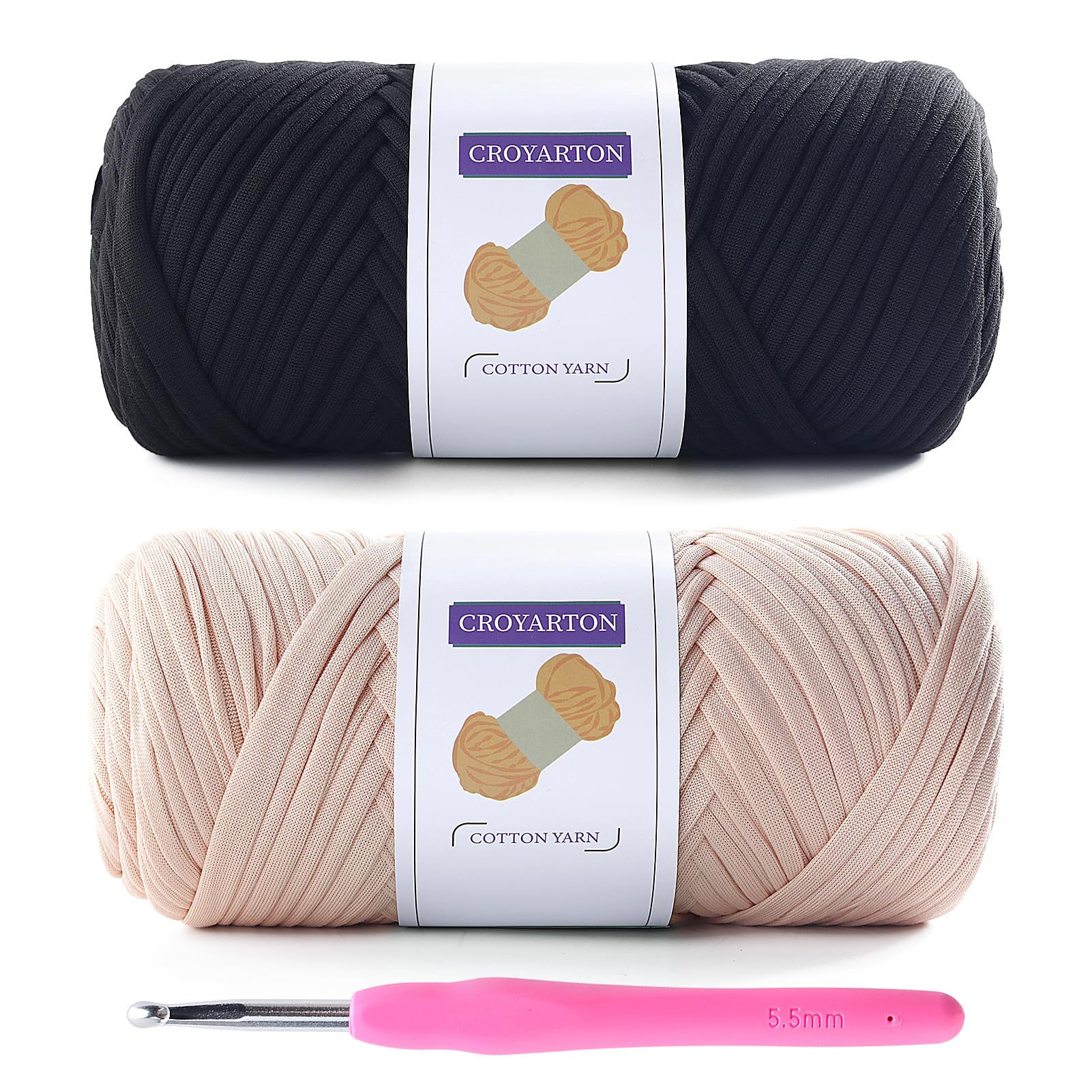 2 Pack T Shirt Yarn for Crocheting with 1 Crochet Hook, Elastic Tshirt Yarn for Crochet Bag/Baskets/Home Decor, Spaghetti Yarn Thick Knitting Yarn Total Length 130 Yds, Weight 14 Oz (Black+Beige)