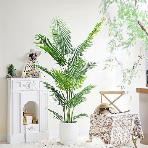 Miniatura 5 de Paquete de 2 palmeras artificiales de 6 pies, palmera areca sintética con hojas de tacto real y ramas ajustables, palmera tropical falsa para