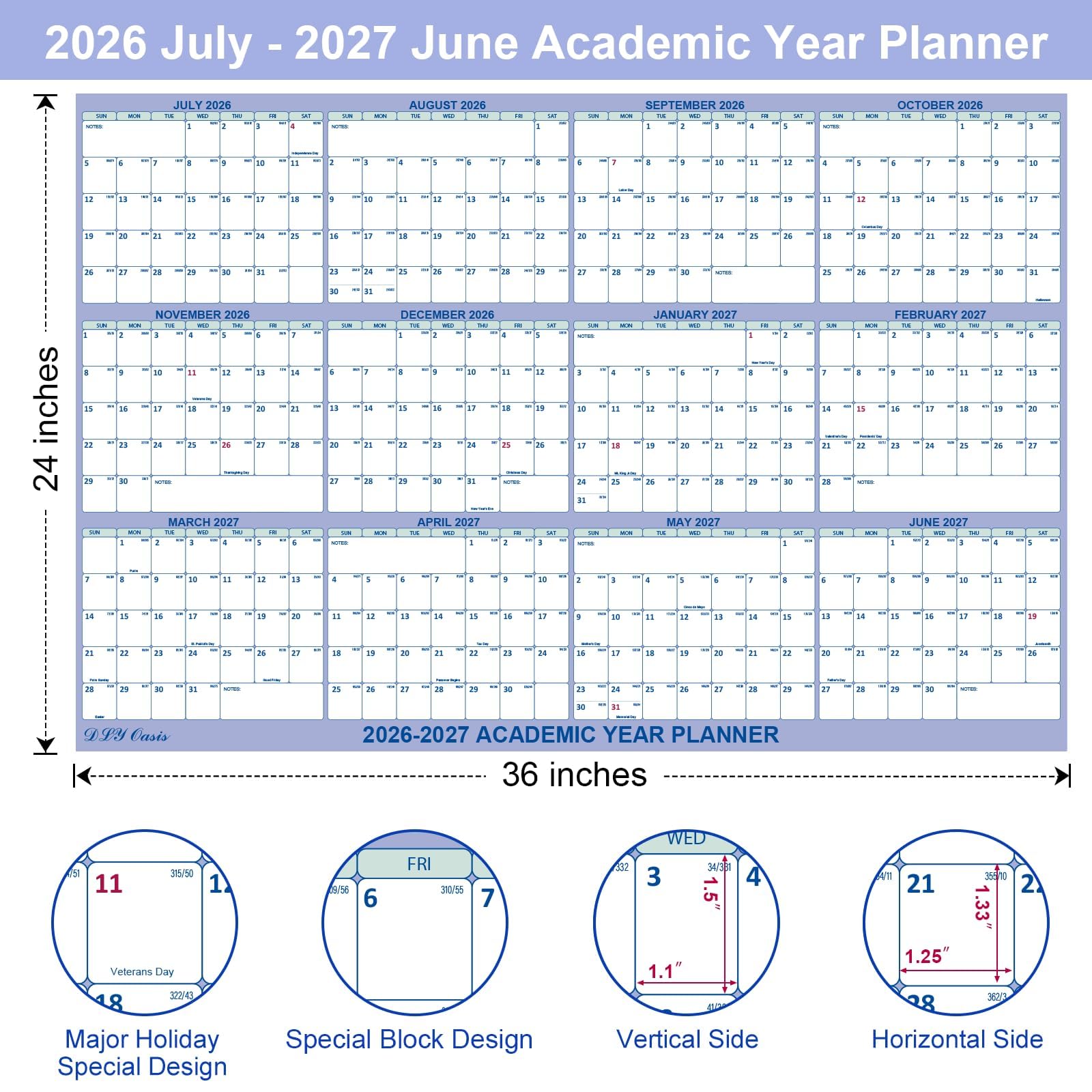 Calendario accademico da parete 2026-2027, luglio 2026-giugno 2027, da luglio 2026 a giugno 2027, piegato cancellabile a secco e bagnato, grande calendario da parete 12 mesi, reversibile verticale