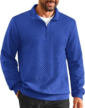 Vssjavun Mens Quarter Zip Pullover Quilted Sweatshirt Long Sleeve Casual Stand Collar Pullovers with Pockets