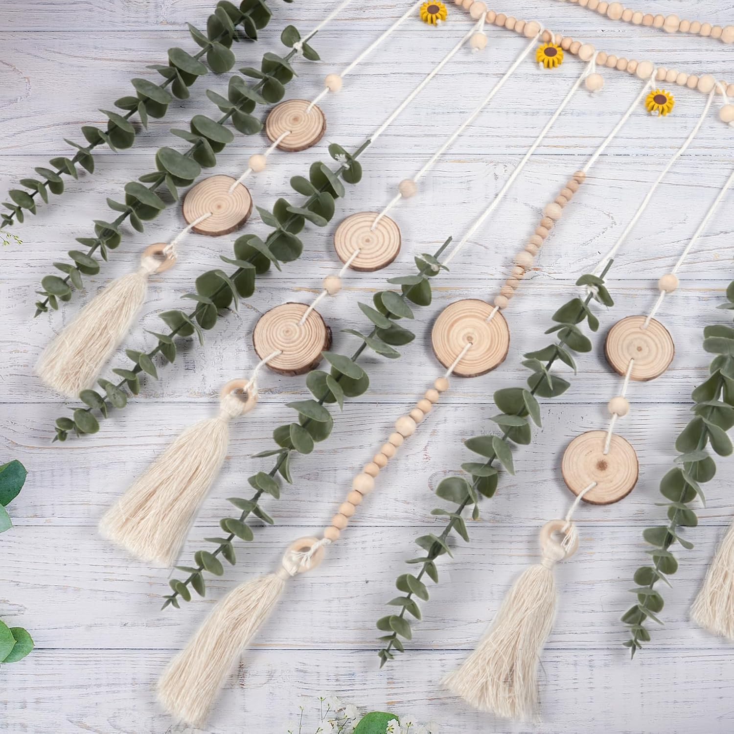 Artificial Hanging Eucalyptus Wall Decor Fake Plant Greenery Stems on 29" Sunflower Bead Garland Sage Green Boho Rustic Farmhouse Wall Art for Bathroom Bedroom Living Room