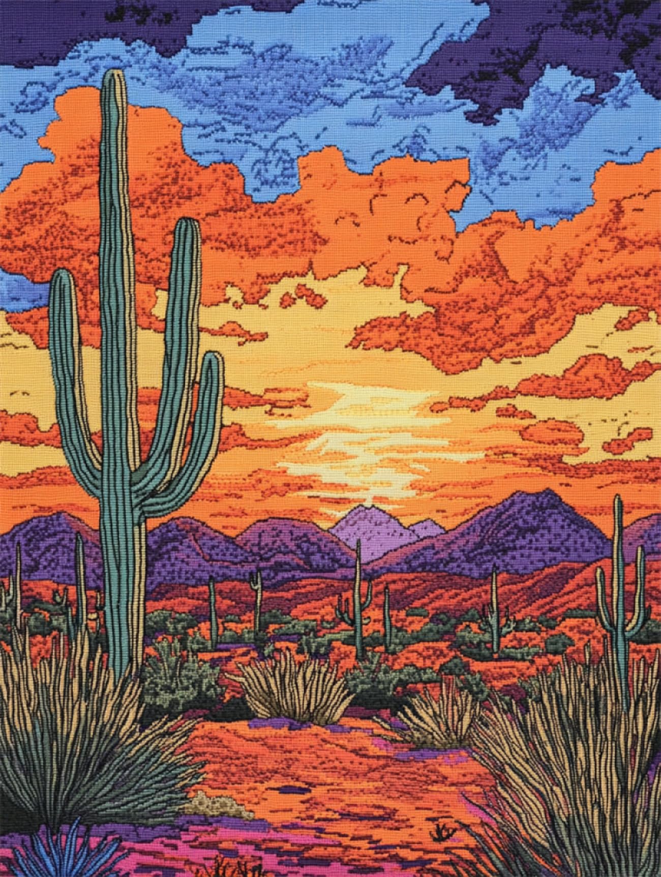 14CT Paisaje Desértico Kit Punto De Cruz Preimpreso Cactus Y Puesta De Sol Kits De Punto De Cruz Para Principiantes O Adultos,Diy Fácil Contado Costura Conjunto De Bordado Decoración Del H 80x100 cm