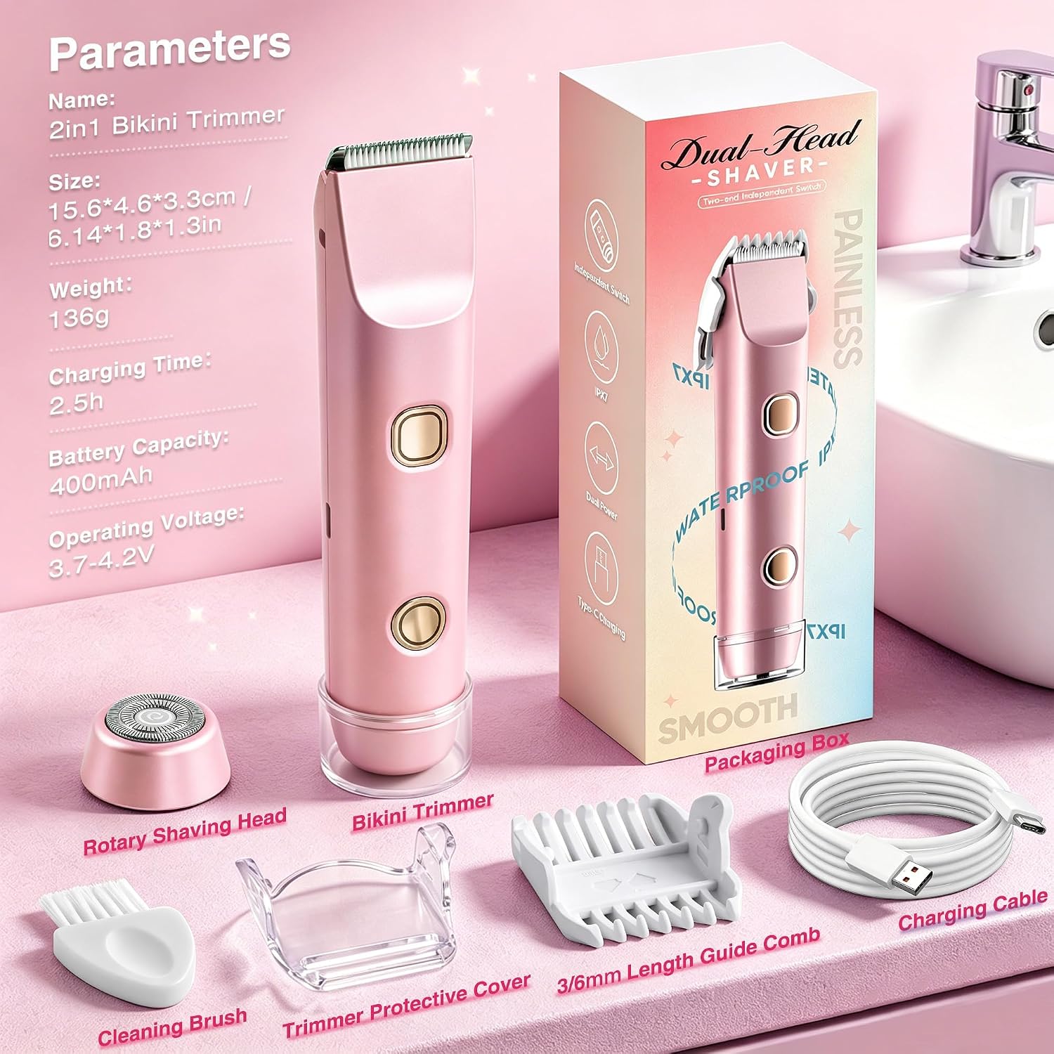 Bikini Trimmer for Women, Electric Razor & Shaver with Dual Ceramic Blades, Painless Hair Removal for Face, Body & Intimate Areas, 90min Cordless Runtime, Waterproof Travel Grooming Kit (Pink)