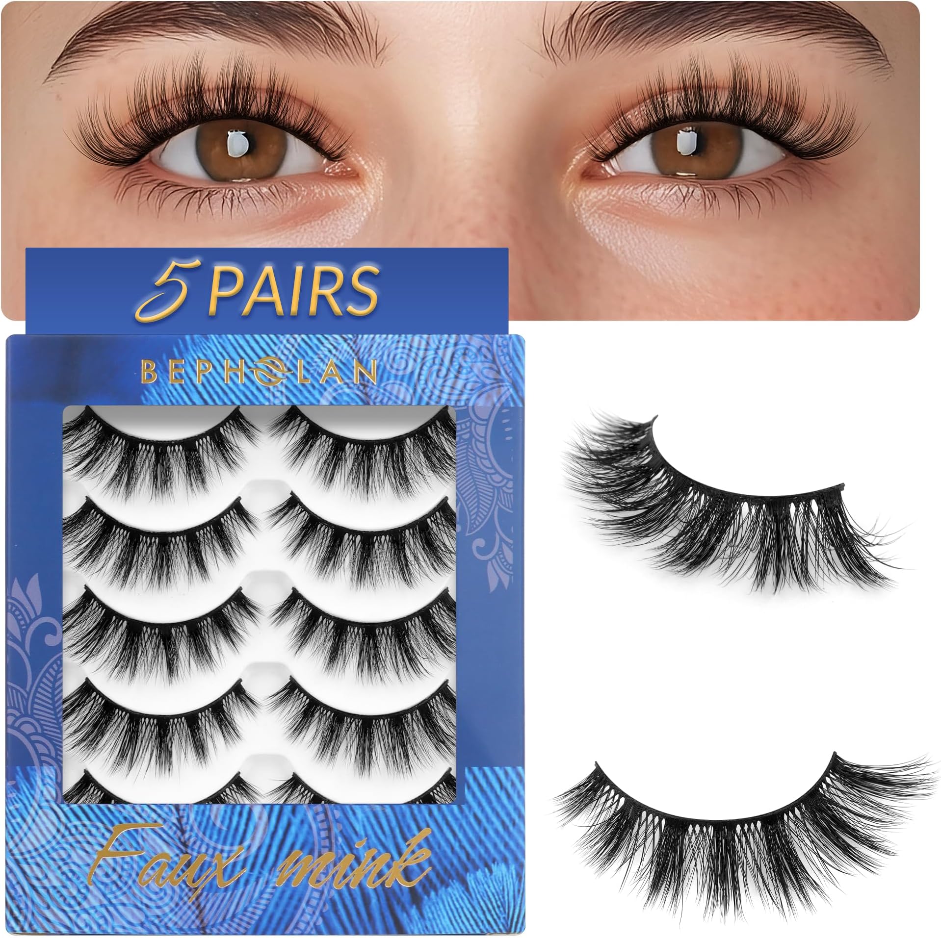Bepholan False Eyelashes Natural Look Wispy 3D Super Fluffy False Lashes Volume Cat Eye Lashes 5 Pairs Faux Mink Lashes (DV05)
