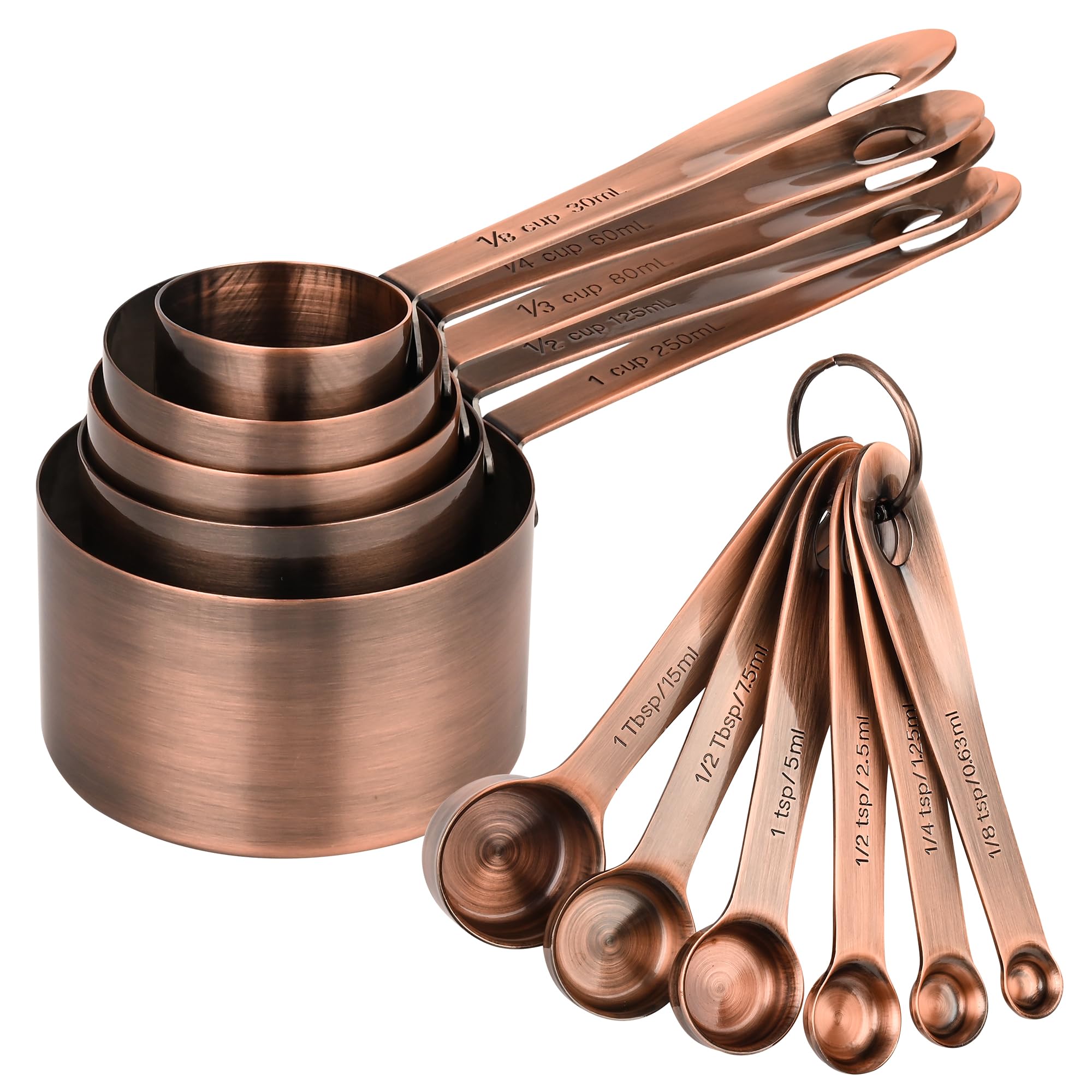 Kupfer-Messbecher- und Löffel-Set, Edelstahl-Messbecher und Löffel-Set, 5 Metall-Messbecher und 6 Backmesslöffel, imperiale und metrische Messbecher und Löffel, Set 11