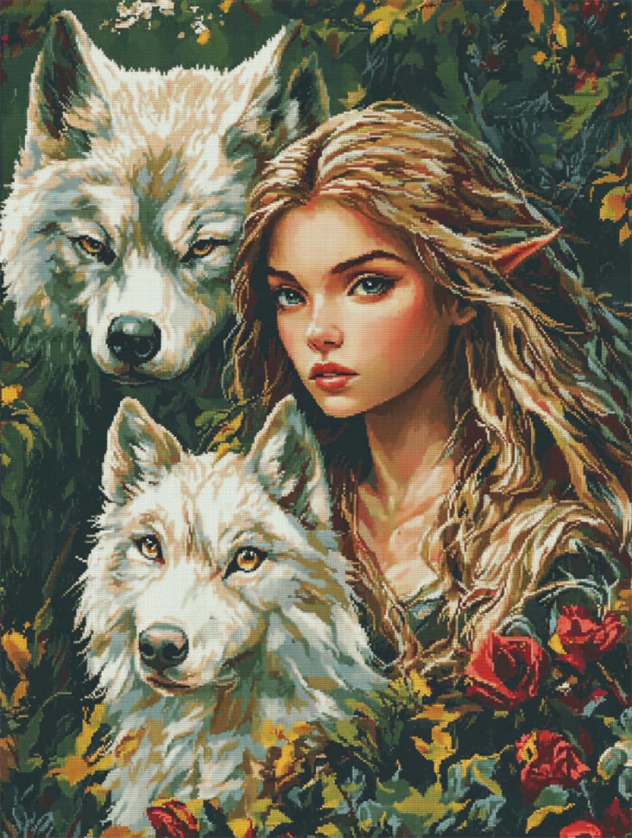 LFYNIORS DIY Perlenstickerei Komplett Set Fantasy-Elfen Und Wölfe Nadelstich-Set Mit Perlen Und Kreuzstich-Set Mit Buntem Stickgarn Und Perlen 40x50cm