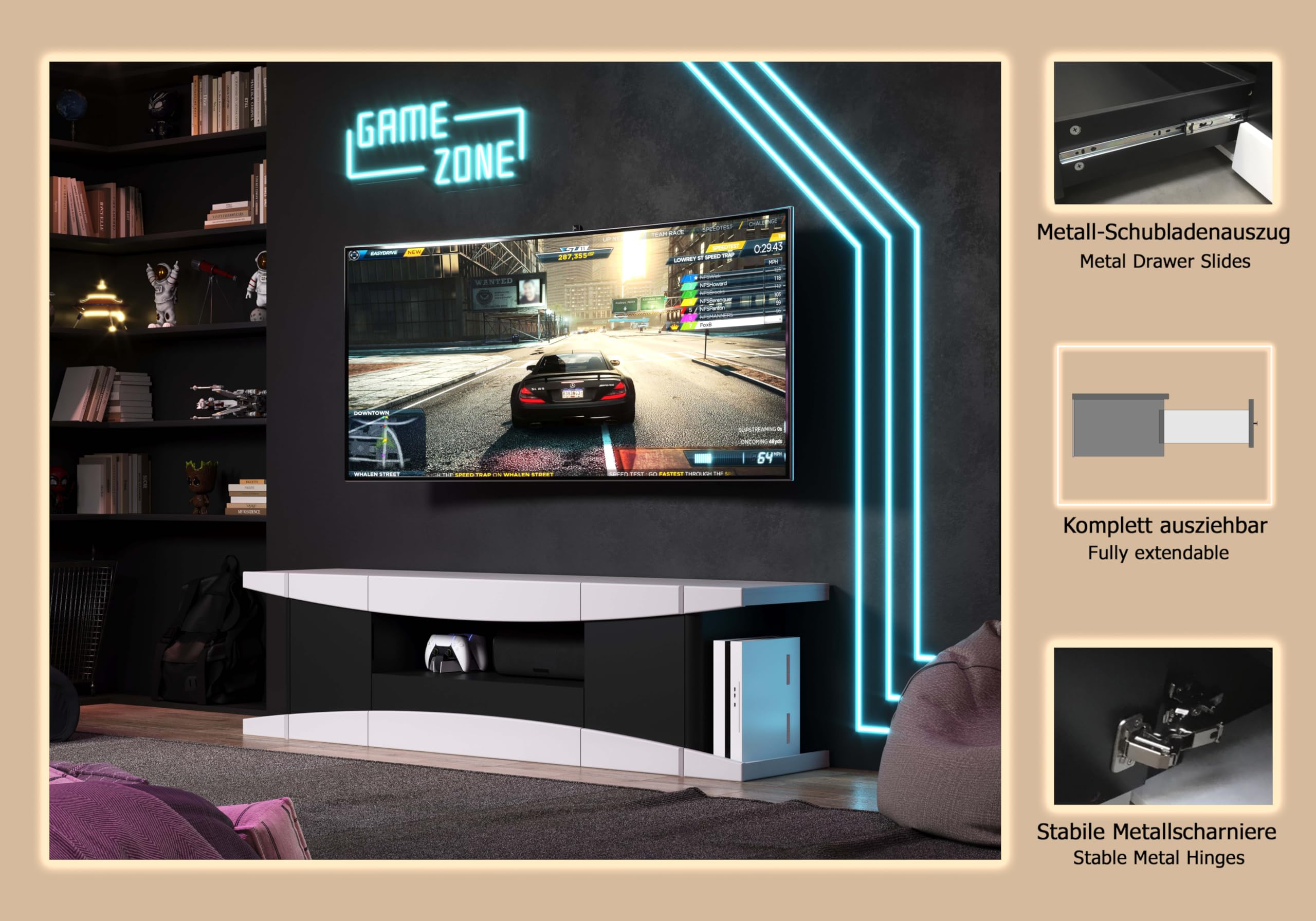 TV-Lowboard LevelUp Außen Weiß & Schwarz Matt Lack · B 180 x H 52 cm