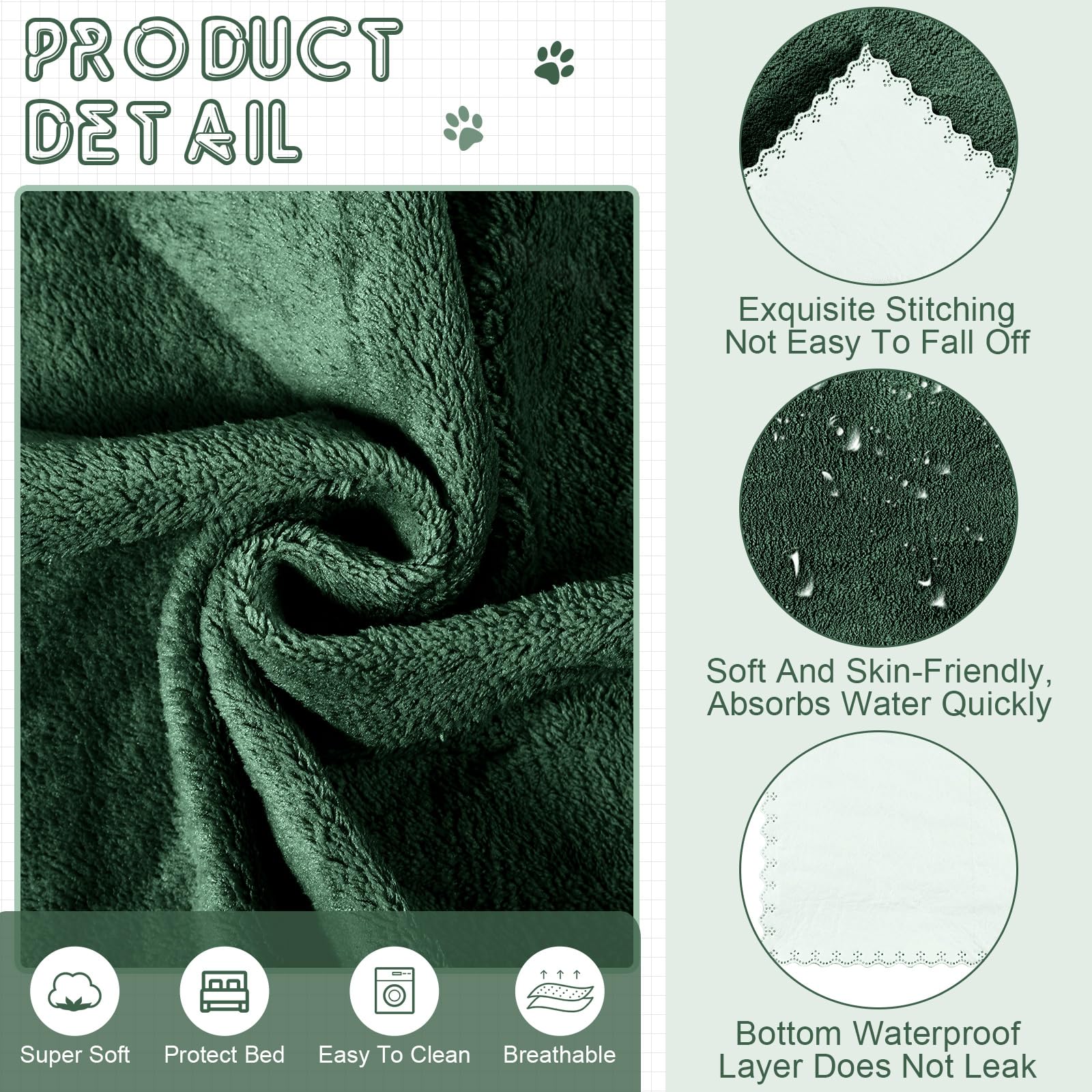Panelee 10 Stück Waschbare Haustier Decken für Hunde Meerschweinchen Hase Katze Wasserdichtes Kleintier Pipi Pad Wiederverwendbare Schlafmatte Saugfähige Käfig Einlagen (Dunkelgrün, 18 x 24 Inch) - 4