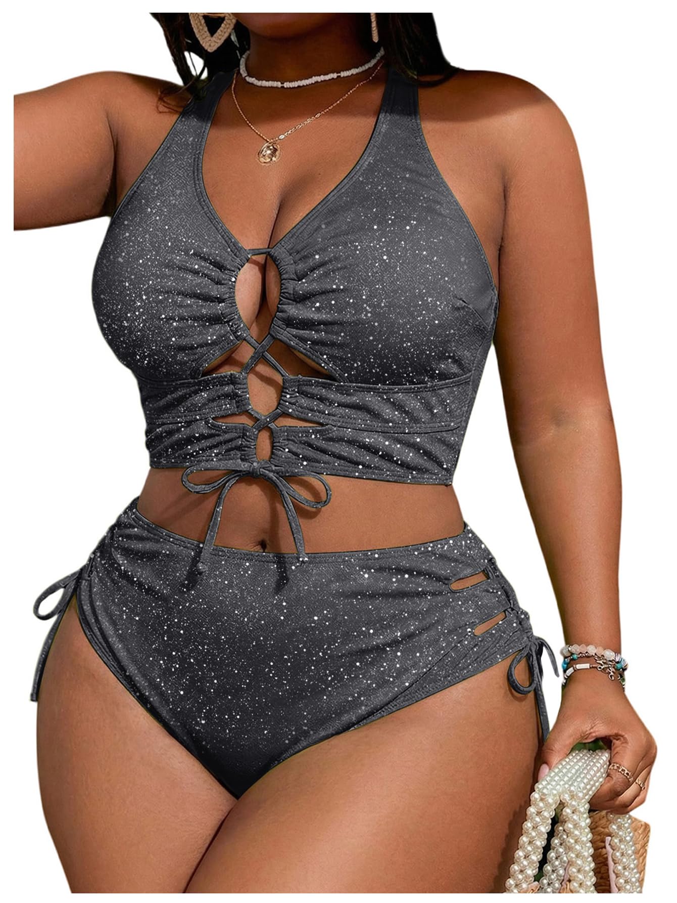 SOLY HUX Women's Plus Size Bikini Set Sexy Swimsuit Lace Up Tummy Control 2 Piece Bathing Suit