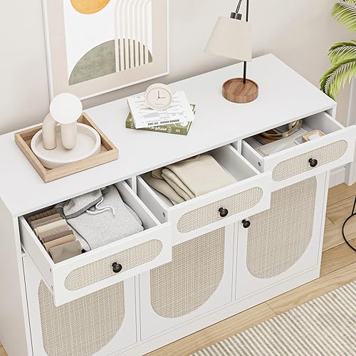 Miniatura 6 de FOTOSOK Gabinete de buffet gabinete de cocina de ratán con 3 puertas y 3 cajones aparador con almacenamiento y estantes ajustables mesa de buffet de