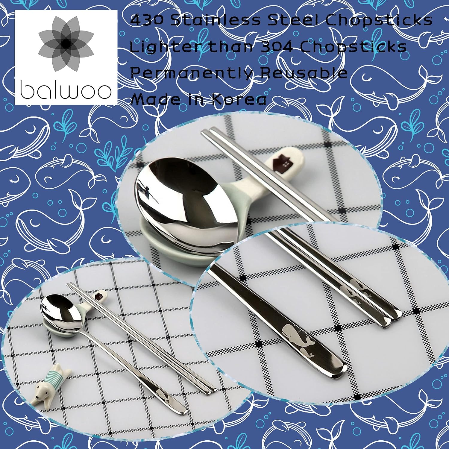 Chopsticks [Made in Korea][5 Sets] 430 Premium Stainless Steel Chopsticks, Mukbang Kitchen Utensil, Cutlery Silverware Stainless Tableware (Whale)