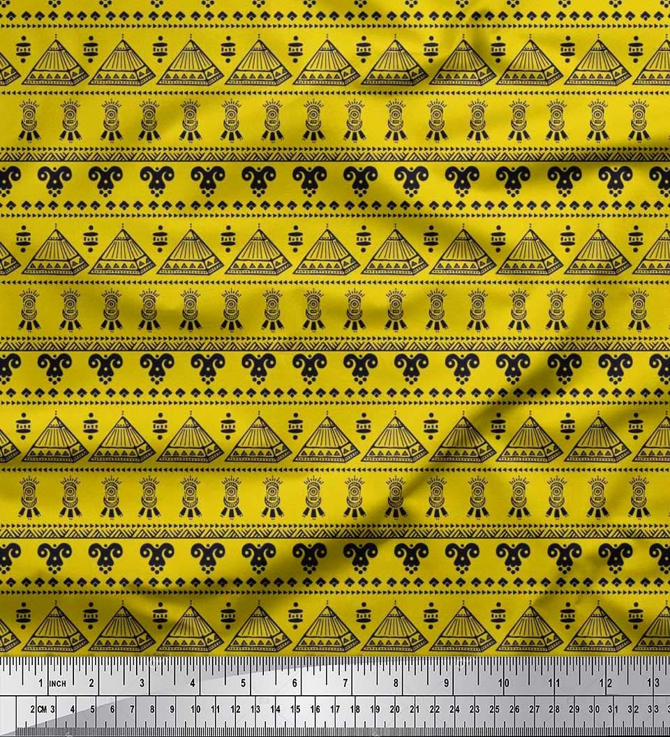 African Pattern - Medium Yellow - Soimoi Pure Silk Fabric, 42" Wide Printed Silk by The Yard for Scarves, Sarees, Stoles, Dupattas, Dresses & Elegant