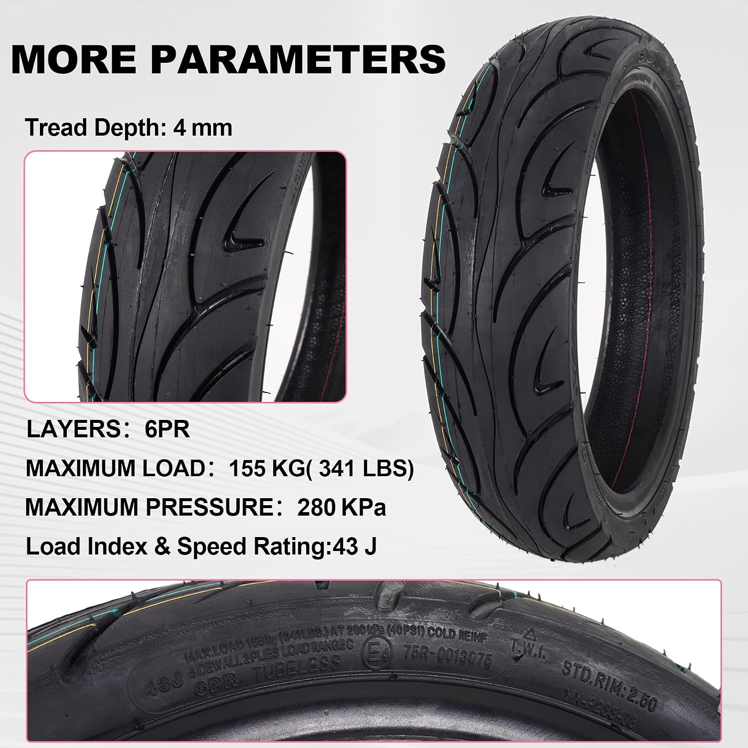 90/70-12 Scooter Tubeless Tire - 90 70-12 Scooter Tire - Rear/Front Wheel Replacement - Pneumatic Tire/TL - 43 J - 6PR - 1 Pack