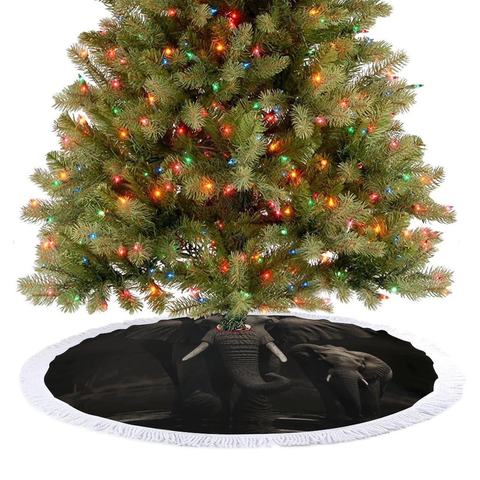 Elephant Black Christmas Tree Skirt 36"x36" Rustic Xmas Tree Mat with Tassel Ornament Christmas Trees Cover Skirt Mat for Evergreen Trees Ornament Winter Holiday Mats Decorations