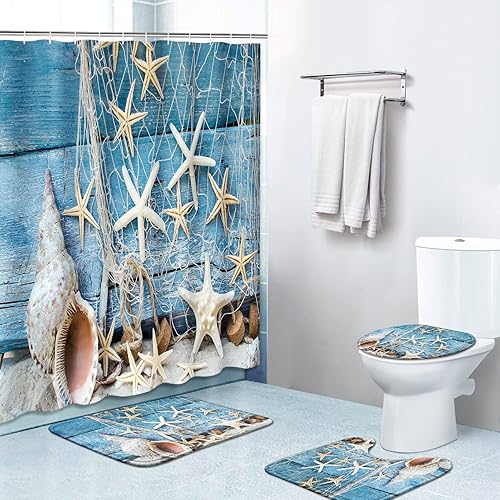 Miniatura 1 de Juego de cortinas de ducha de 4 piezas, con 12 ganchos, vacaciones marítimas en la playa, conchas rústicas con alfombras antideslizantes, cubierta
