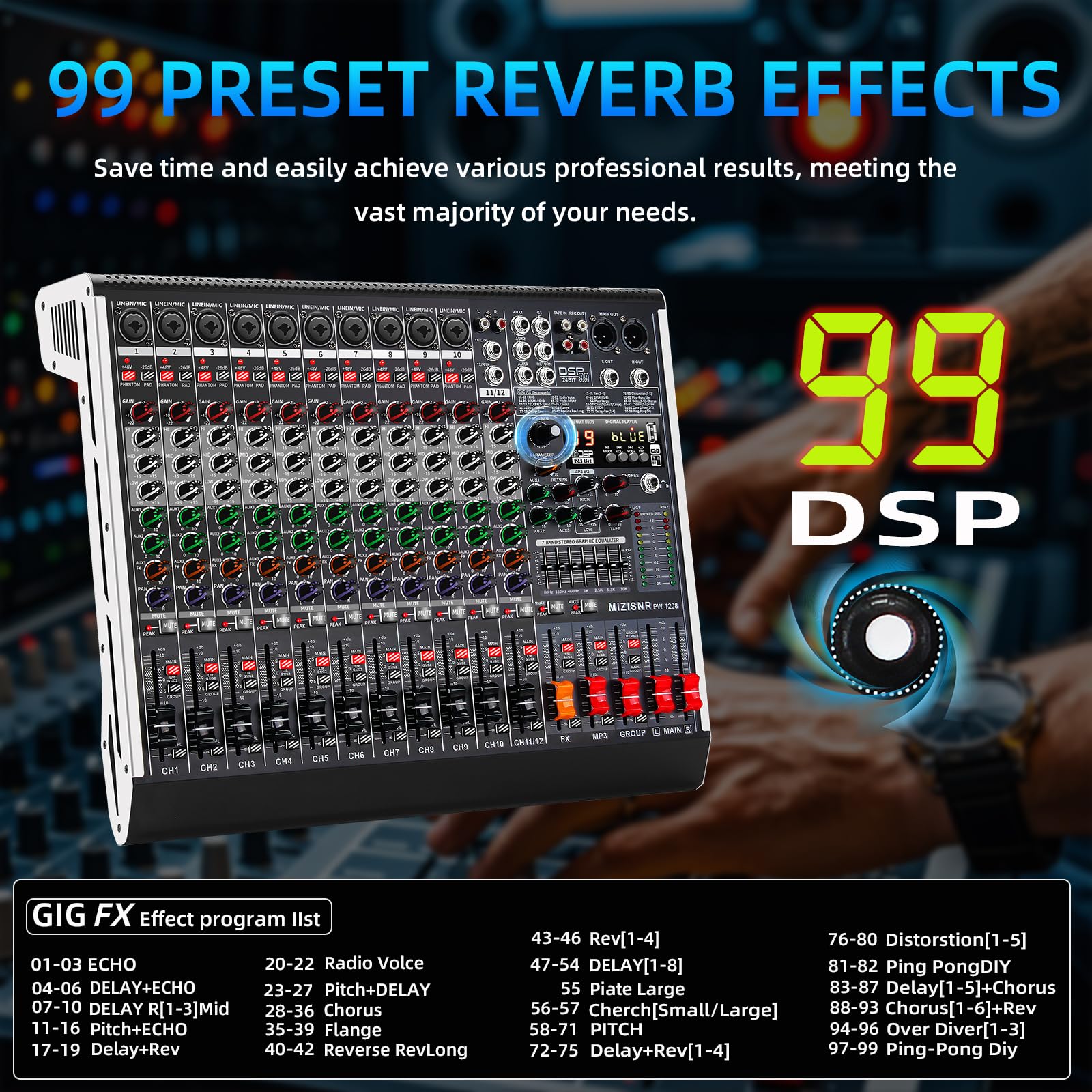 Mezclador de Audio Profesional de 12 Canales con 99 Efectos DSP, 7 Bandas EQ Digital, Bluetooth y USB