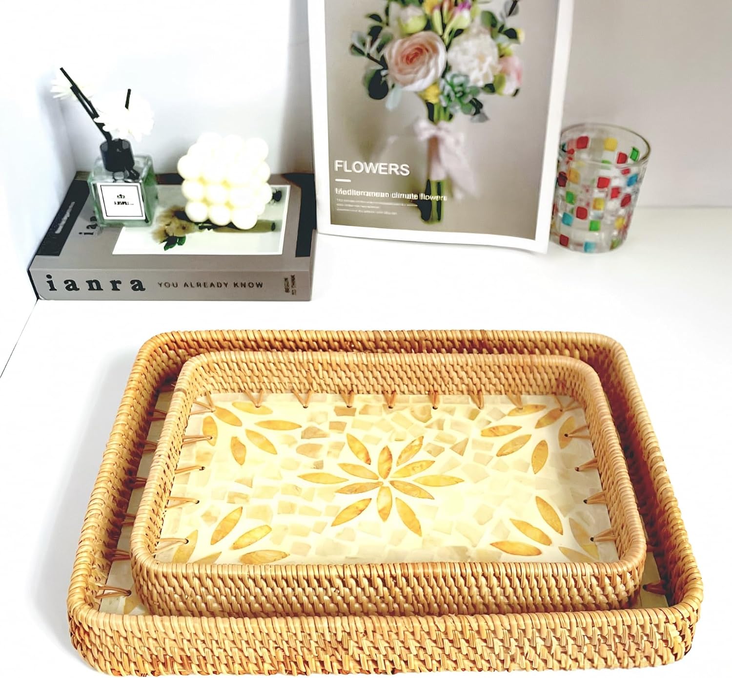 i-lan Set of 2 Rectangle Serving Trays with Mother of Pearl, 13" & 11.5" Woven Rattan Platters for Dining Entertainment, Centerpiece Displays, and Home Decor Accents - Image 3