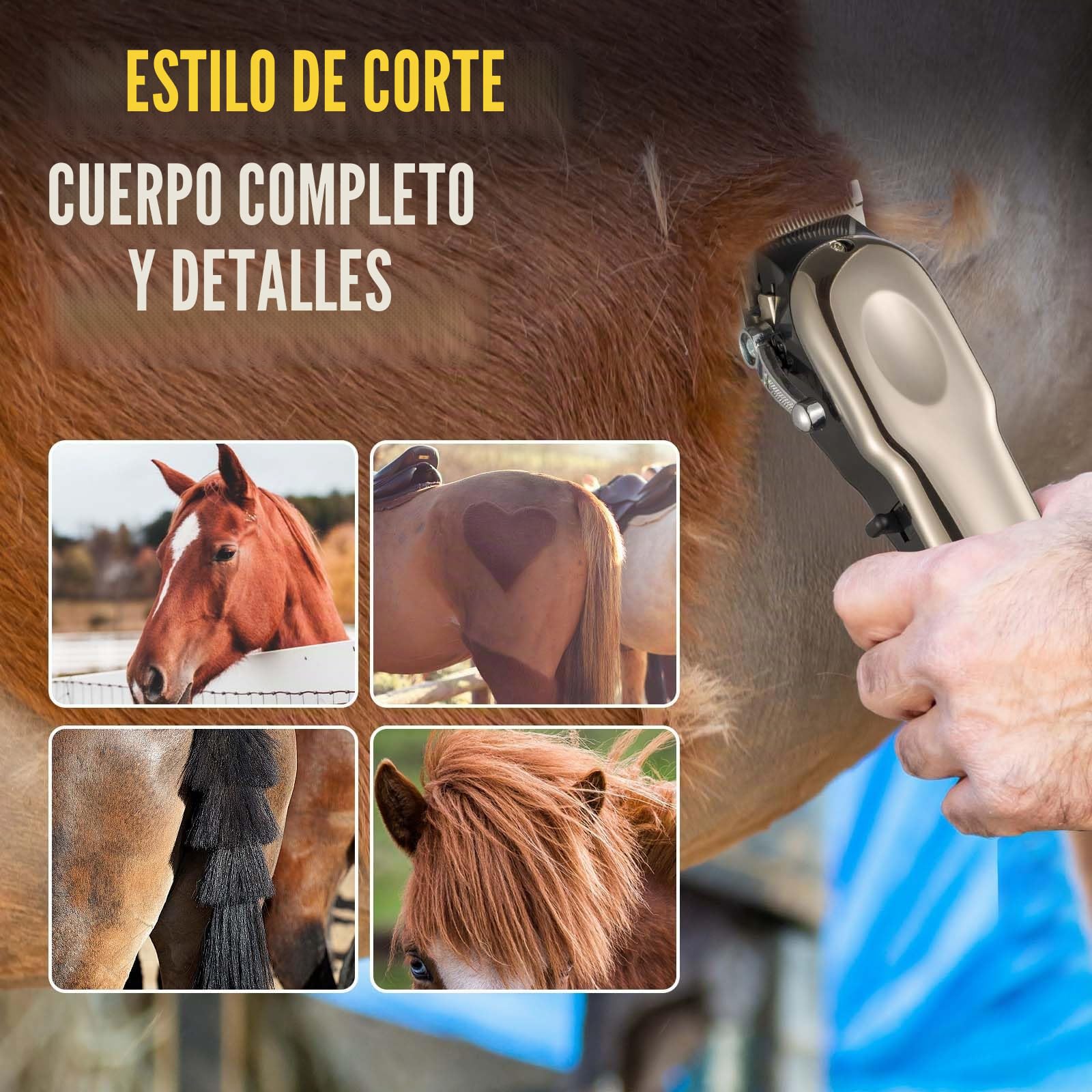 Esquiladora Caballos Inalámbrico - Maquina de Cortar Pelo Caballos Profesional Con 4 Peines Guía - Kit de Aseo Eléctrico Recargable para Caballos y Perros Gatos Mascotas