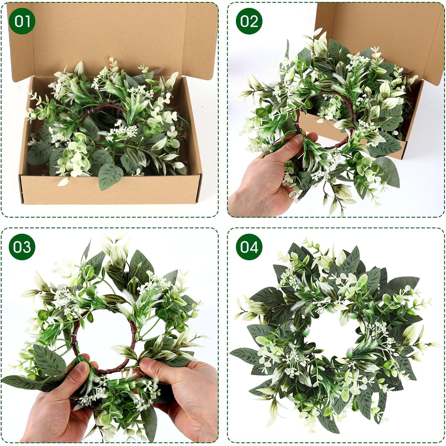 4 Pcs Eucalyptus Candle Ring 4 Inch Center Mini Kitchen Cabinet Wreaths Artificial Small Green Leaves Wreaths Garland Pillar Holder for Home Door Window Farmhouse Wedding Party Table Centerpiece Decor