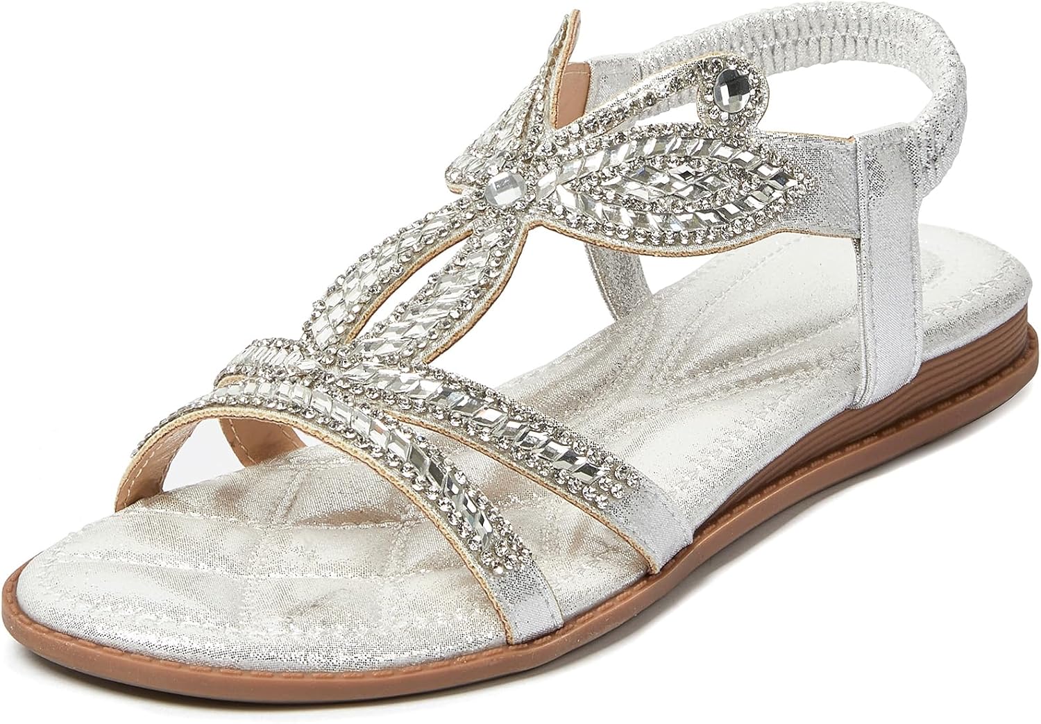 iCKER Women Rhinestone Sandals T-Strap Buckle Bohemian Pearl Crystal Flat Sandals