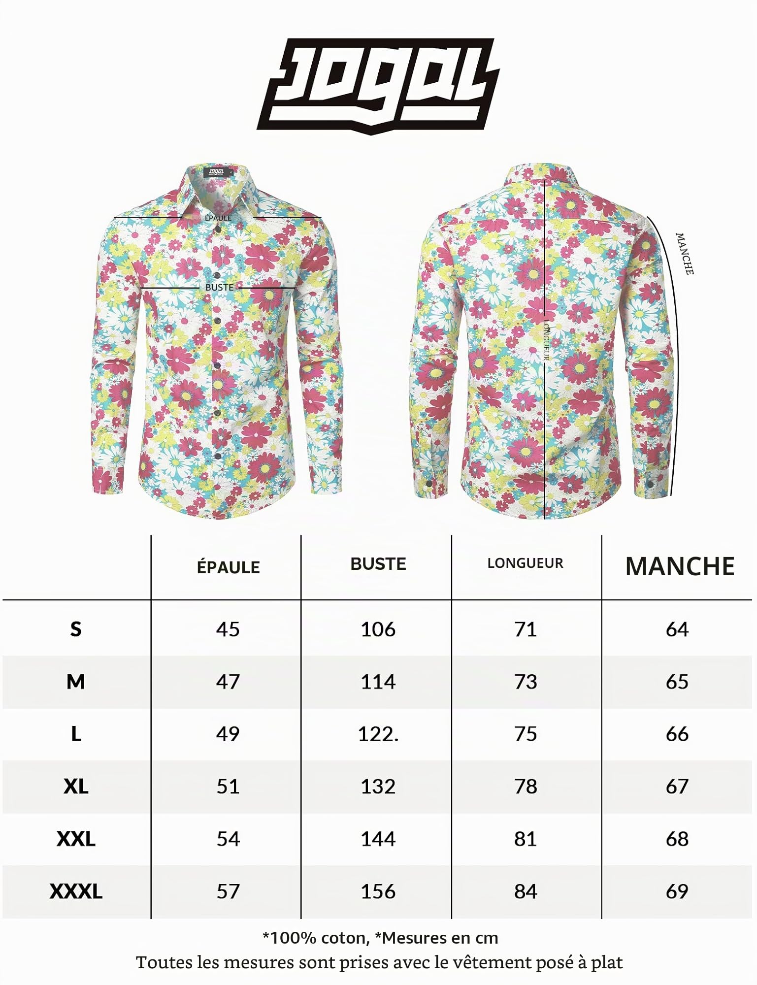 JOGAL Chemise à manches longues pour homme, coupe normale, motif floral imprimé, boutonnage, loisirs