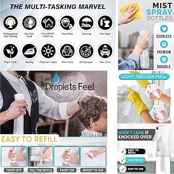 Spray Bottle For Hair, Continuous Mister Empty Spray Bottles, Ultra Fine Mist Water Sprayer for Hairstyling, Cleaning, Plants, Pets, Barbers, Salons, Essential Oil Scents - 2 Pack 10.14 OZ (300ml)