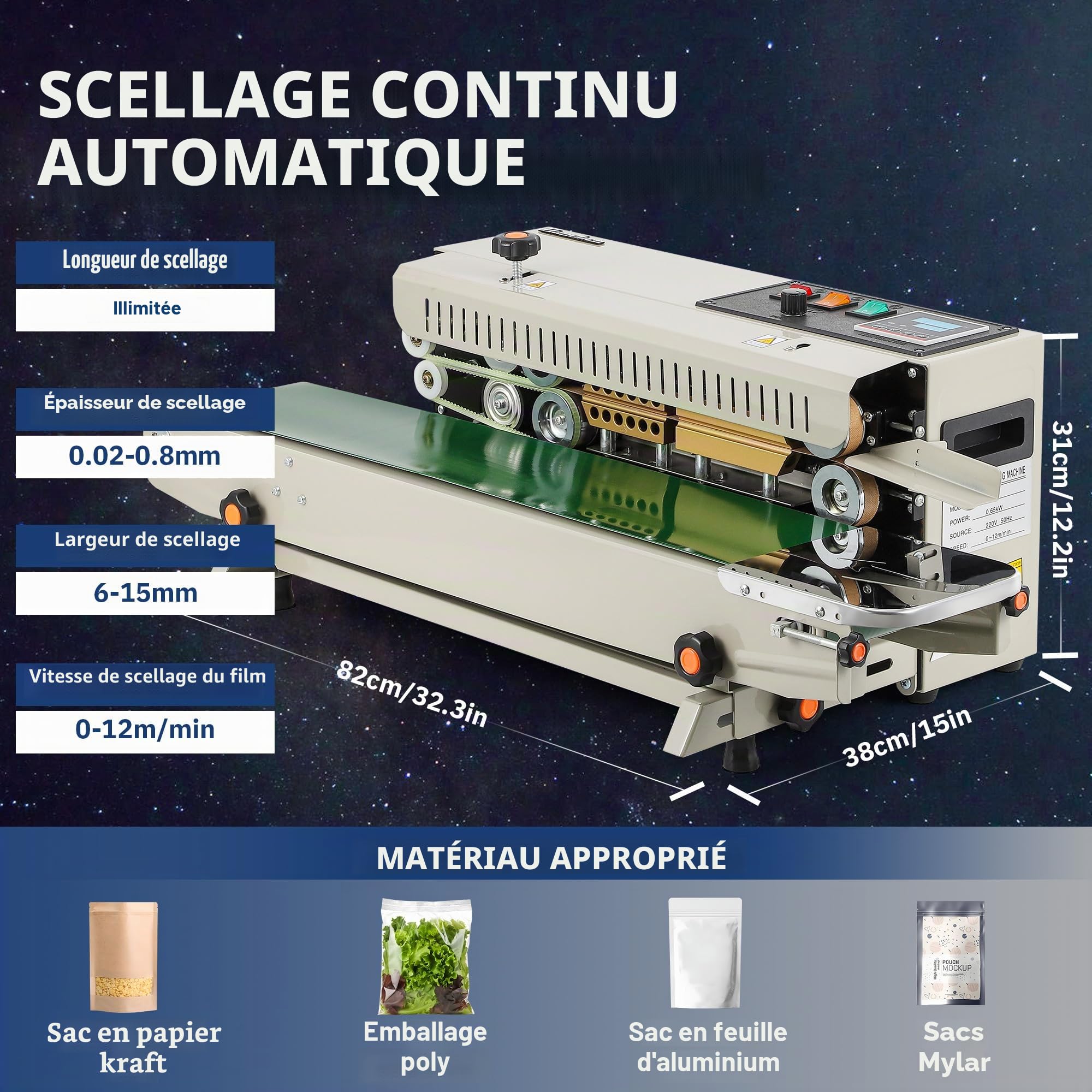 Hanchen Scellant à bande continue 6-12 mm, machine horizontale automatique avec contrôle numérique de température pour emballage domestique-commercial 220 V 600 W