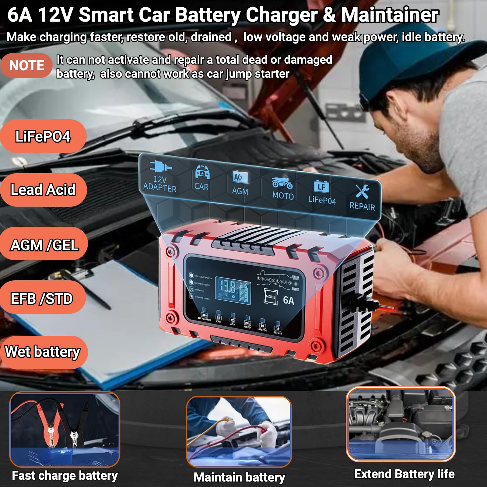 Ładowarka samochodowa 12 V 6 A Smart Car Battery Charger & Maintenancer -10-stopniowa automatyczna ładowarka podtrzymująca z odsiarczaczem do akumulatorów samochodowych,motocyklowych,LiFePo4 Lead-Acid