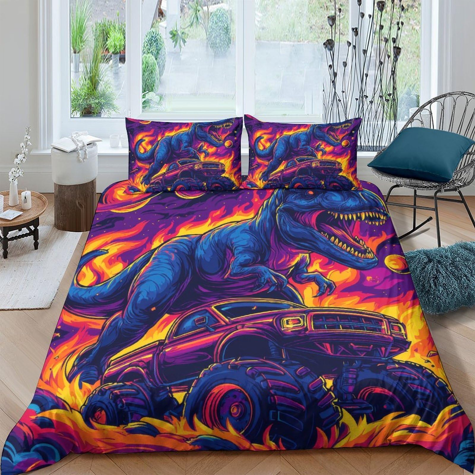 Ctjqhvkz Style-10 3D Printed Dinosaur Monster Truck Fitted Sheet Microfiber Vibrant Flame Design Mattress Cover For Bedroom Decor Single（135X200cm）