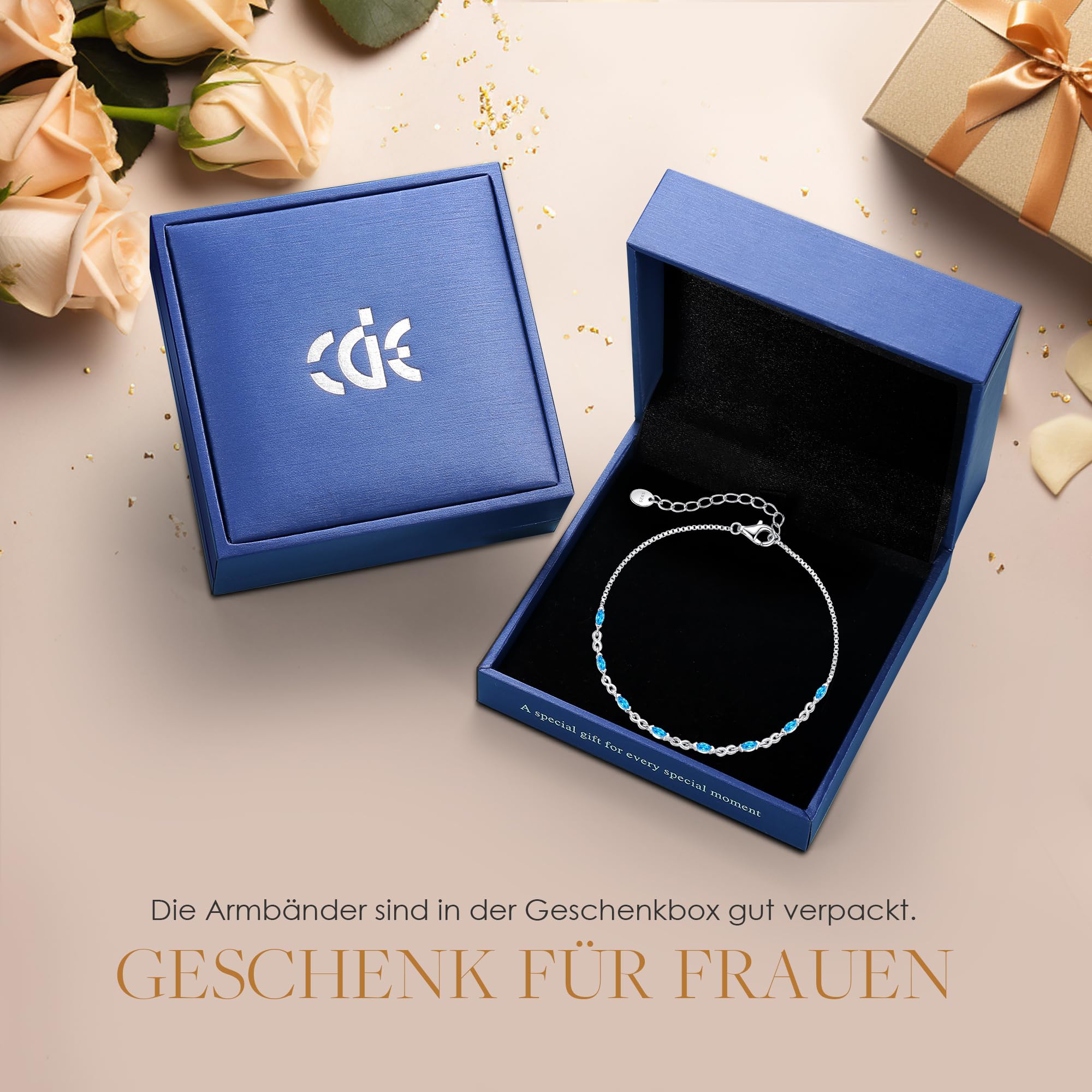 CDE Infinity Armband Silber 925 Damen mit Zirkonia Geburtsstein | Armbänder Verstellbares Armkette Damen Schmuck Muttertag Valentinstag Geburtstag Weihnachten Geschenke