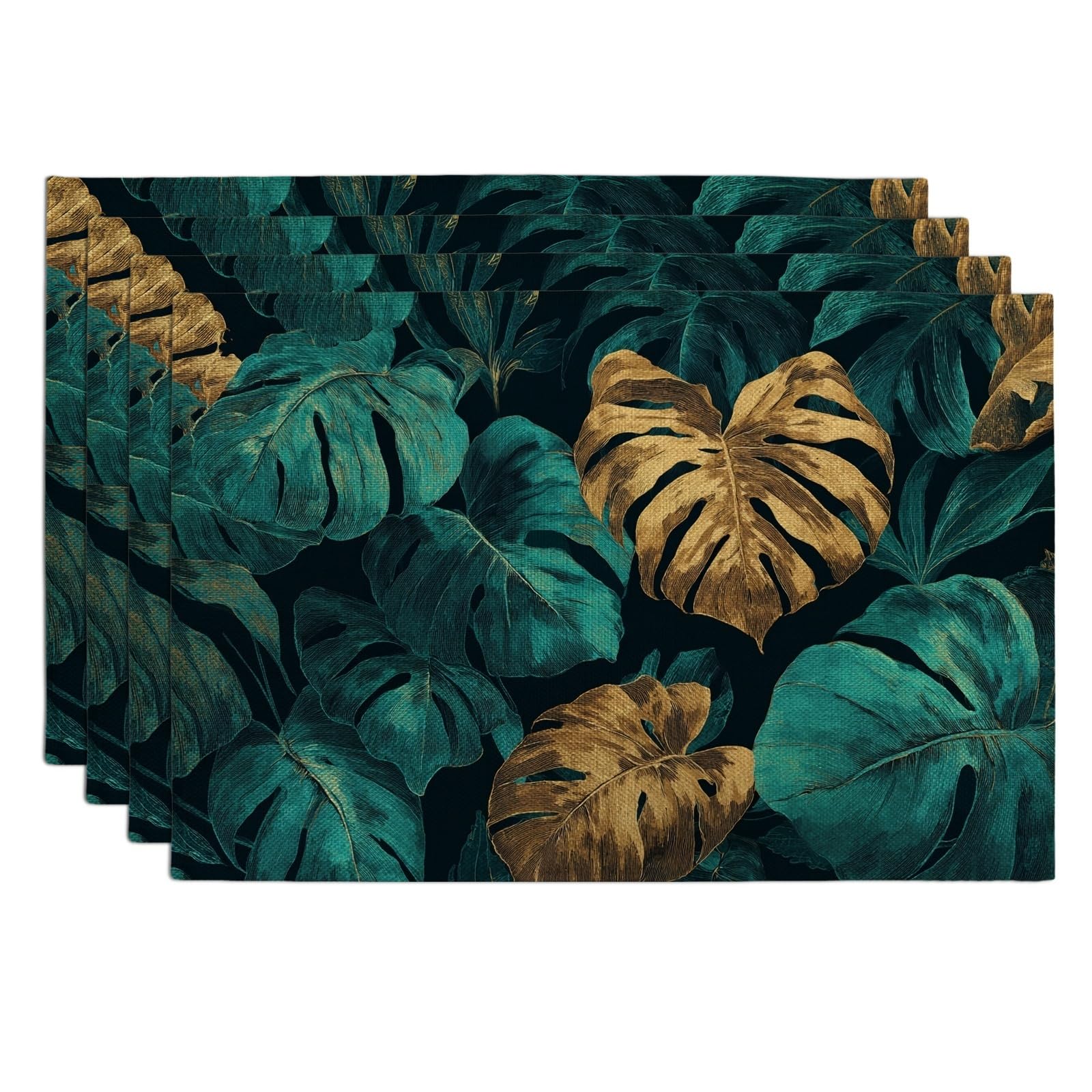 Tropical Monstera Leaves Placemats, Teal and Gold Botanical Place mats for Dining Table, Non-Slip Washable Indoor Outdoor Party Decorative Placemat Set of 4