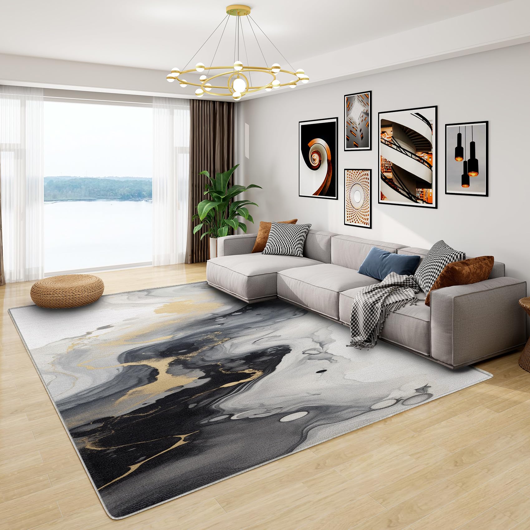 Marble Rug 5x7-2x3 Rug - Marble Decor - Modern Abstract Rugs for Entryway - Black White Gold Area Rug - Luxury Carpet - Marble Gifts for Women